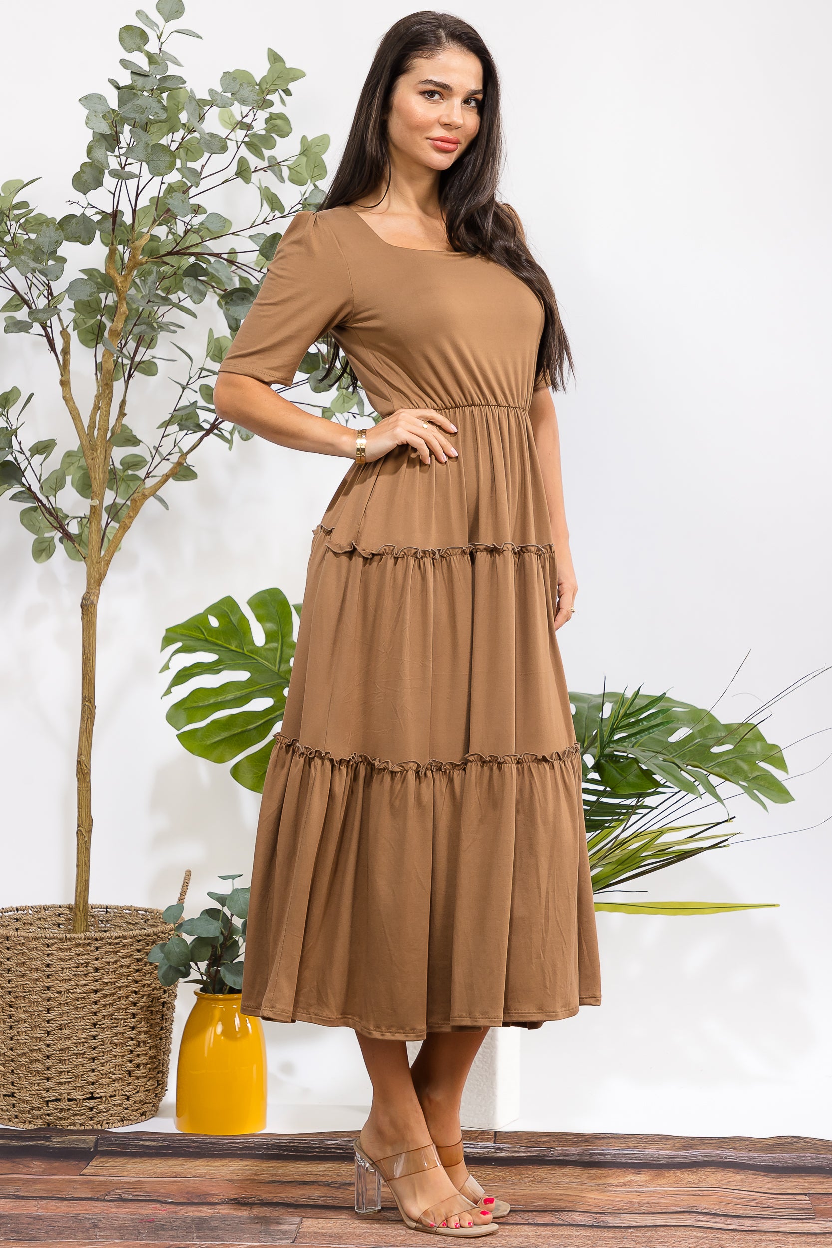 JR788R-S Tiered Midi Dress with Square Neck