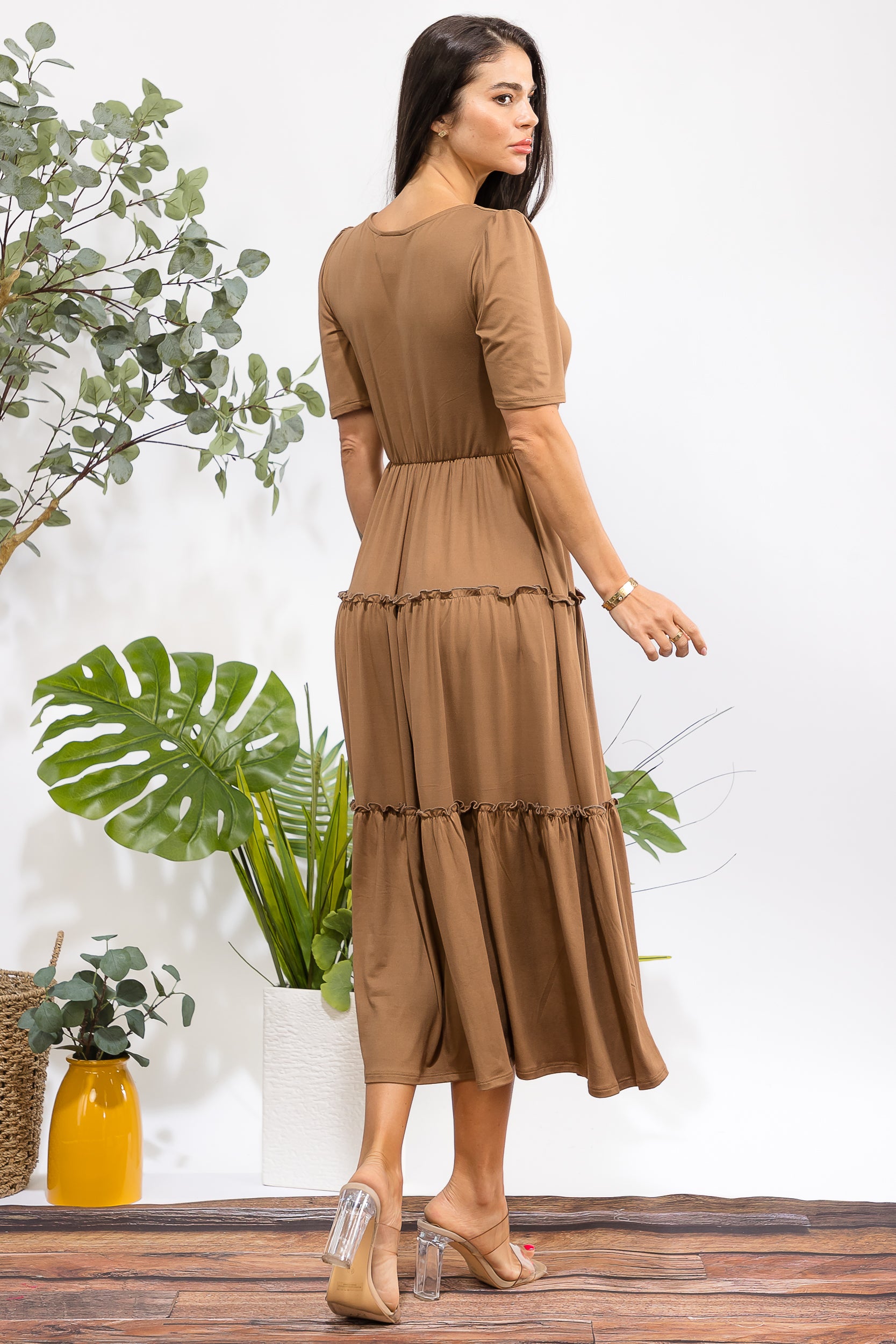 JR788R-S Tiered Midi Dress with Square Neck