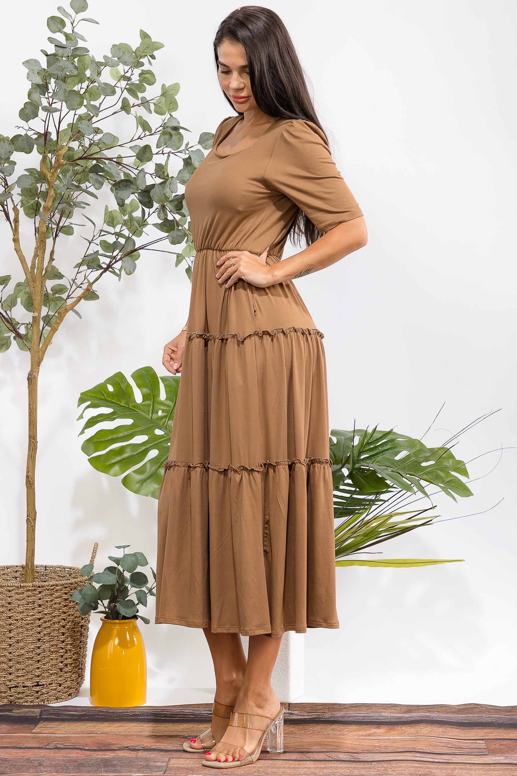 JR788R-S Tiered Midi Dress with Square Neck