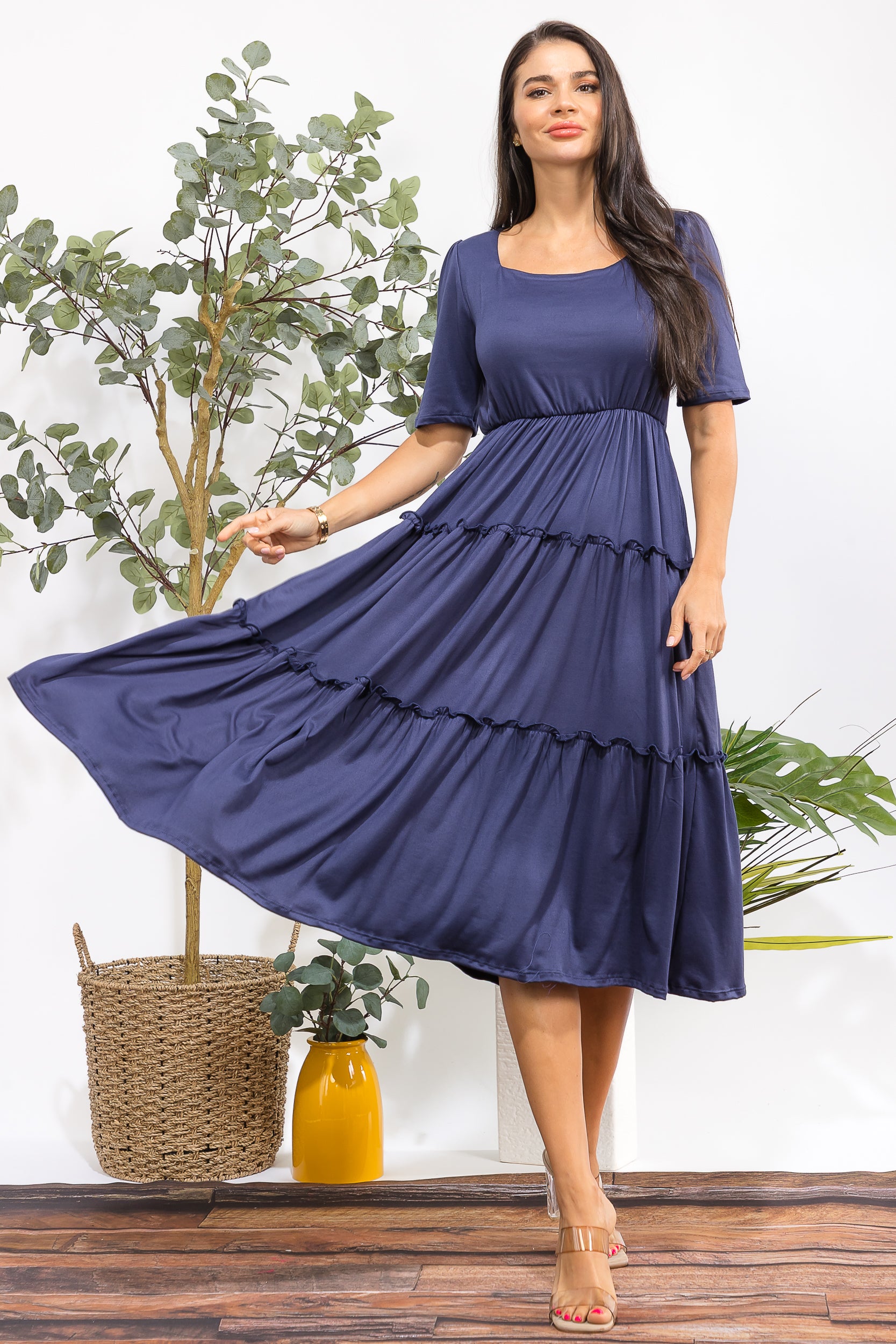 JR788R-S Tiered Midi Dress with Square Neck