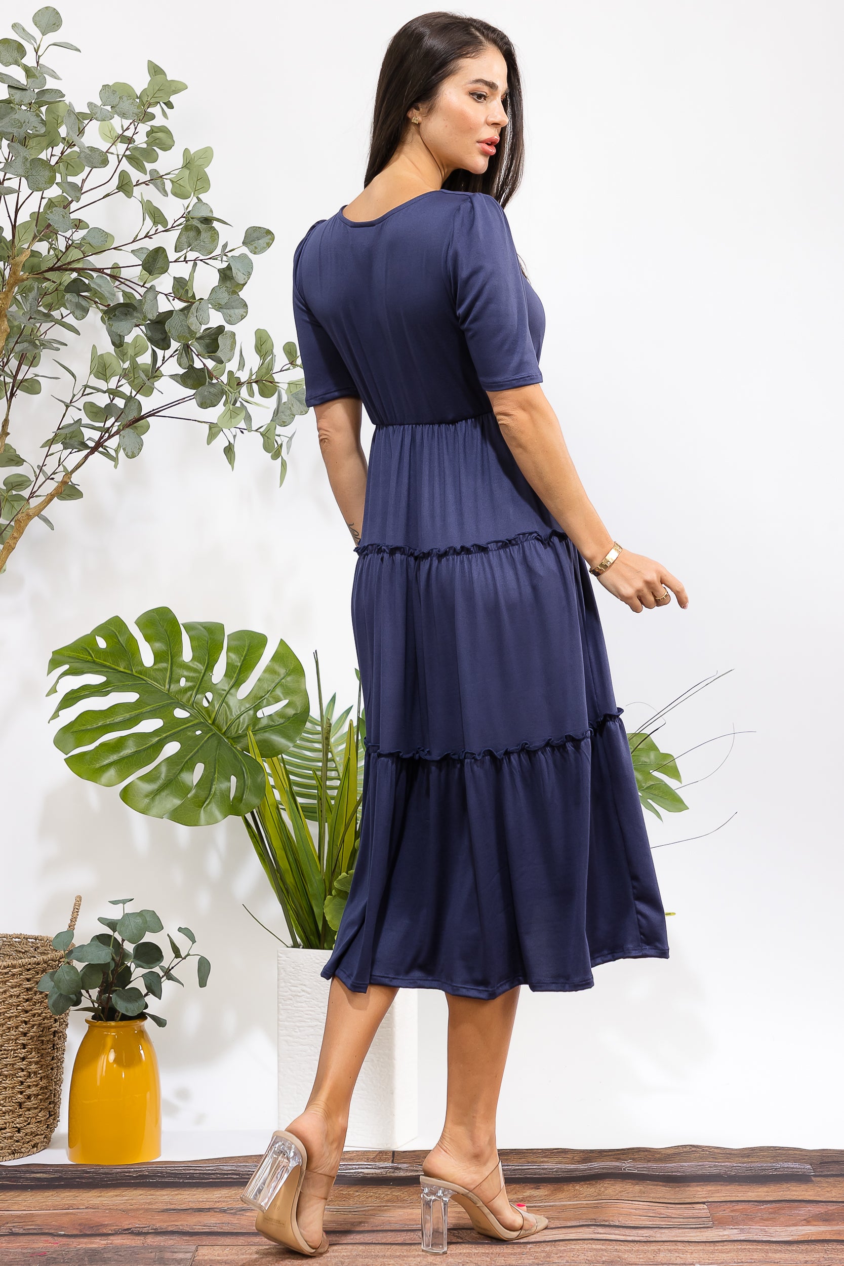 JR788R-S Tiered Midi Dress with Square Neck