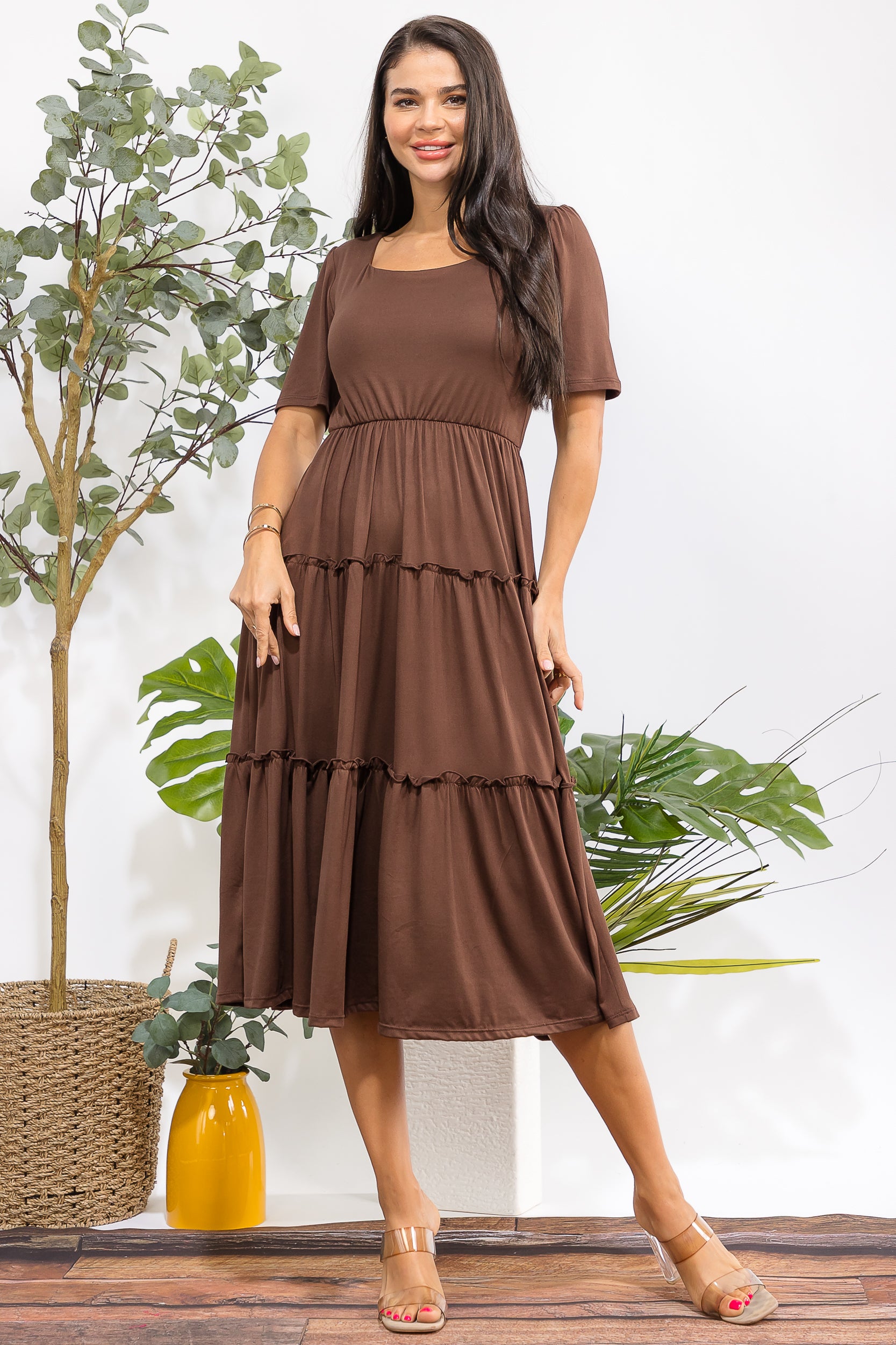 JR788R-S Tiered Midi Dress with Square Neck
