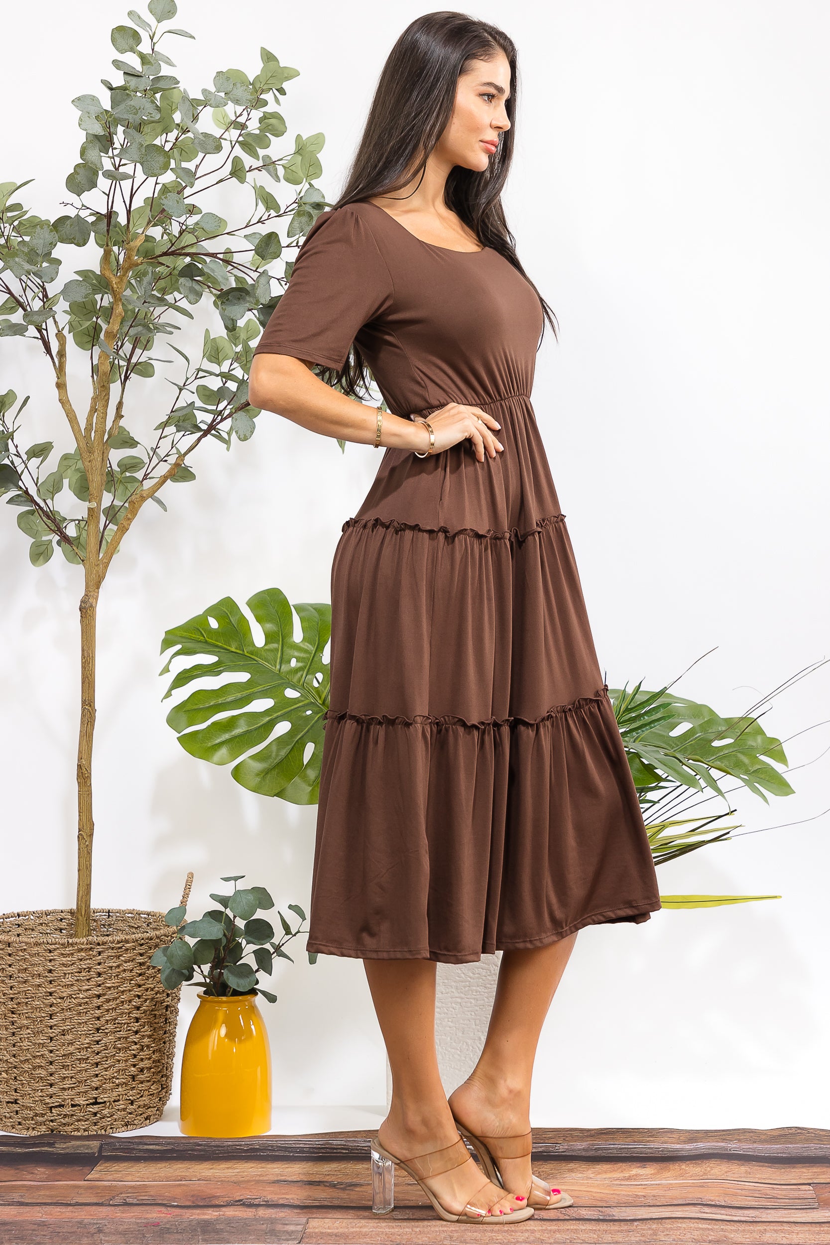 JR788R-S Tiered Midi Dress with Square Neck