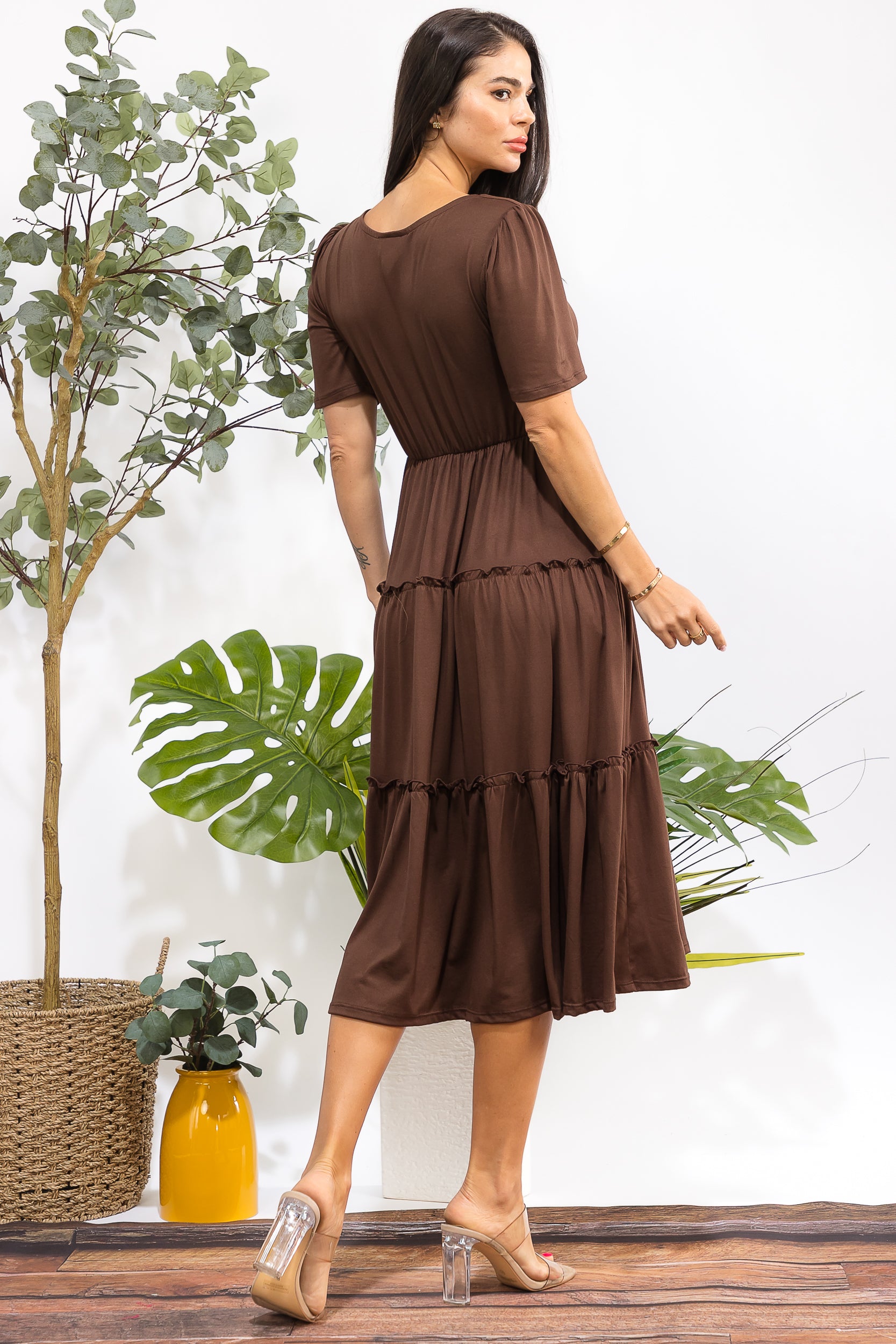 JR788R-S Tiered Midi Dress with Square Neck