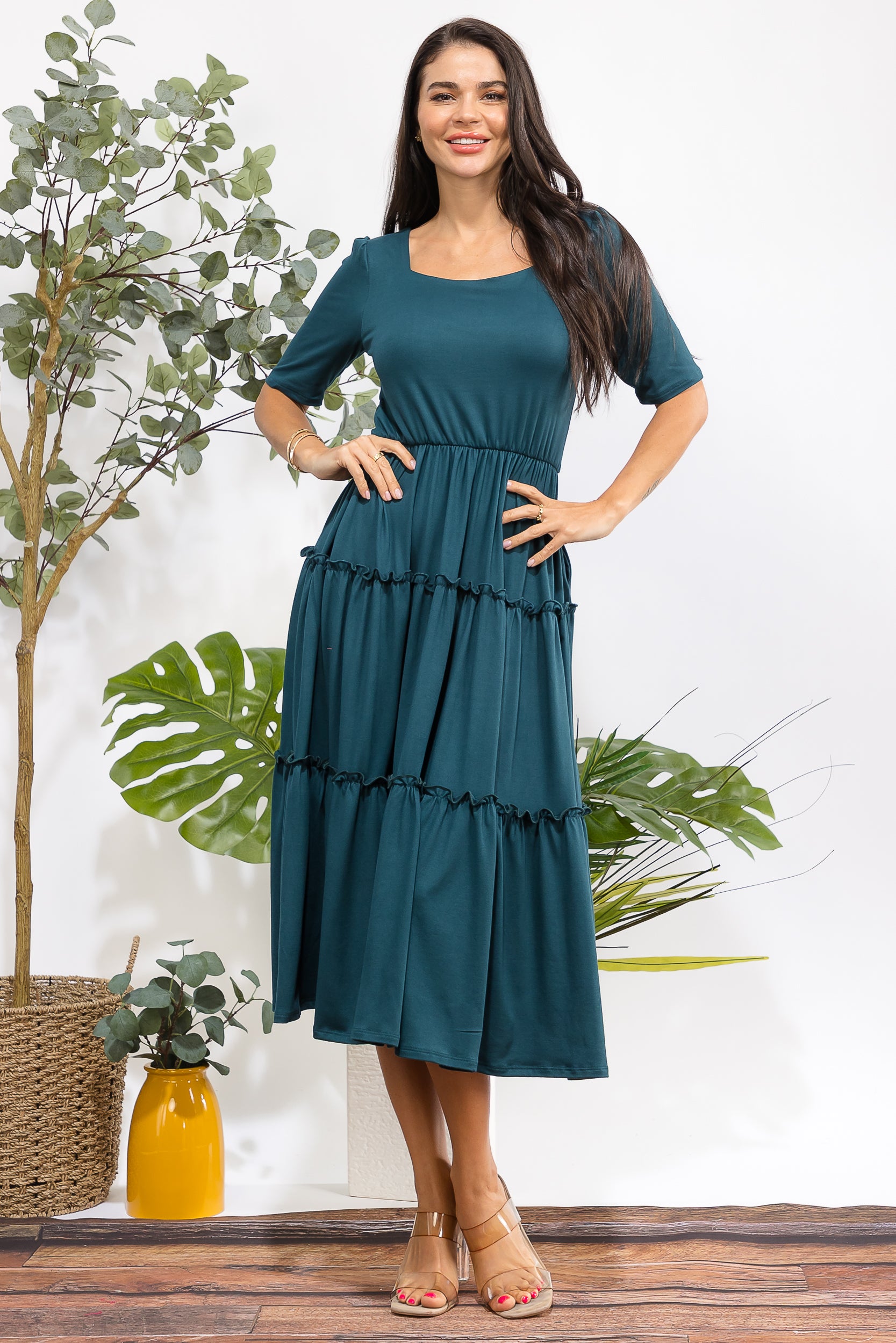 JR788R-S Tiered Midi Dress with Square Neck