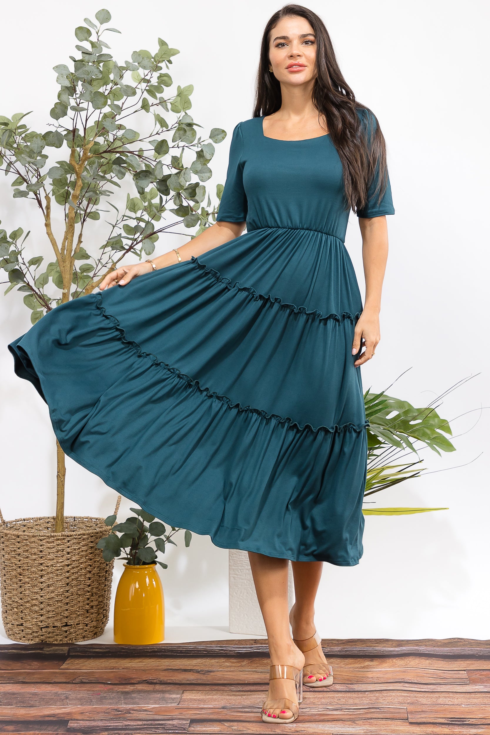 JR788R-S Tiered Midi Dress with Square Neck