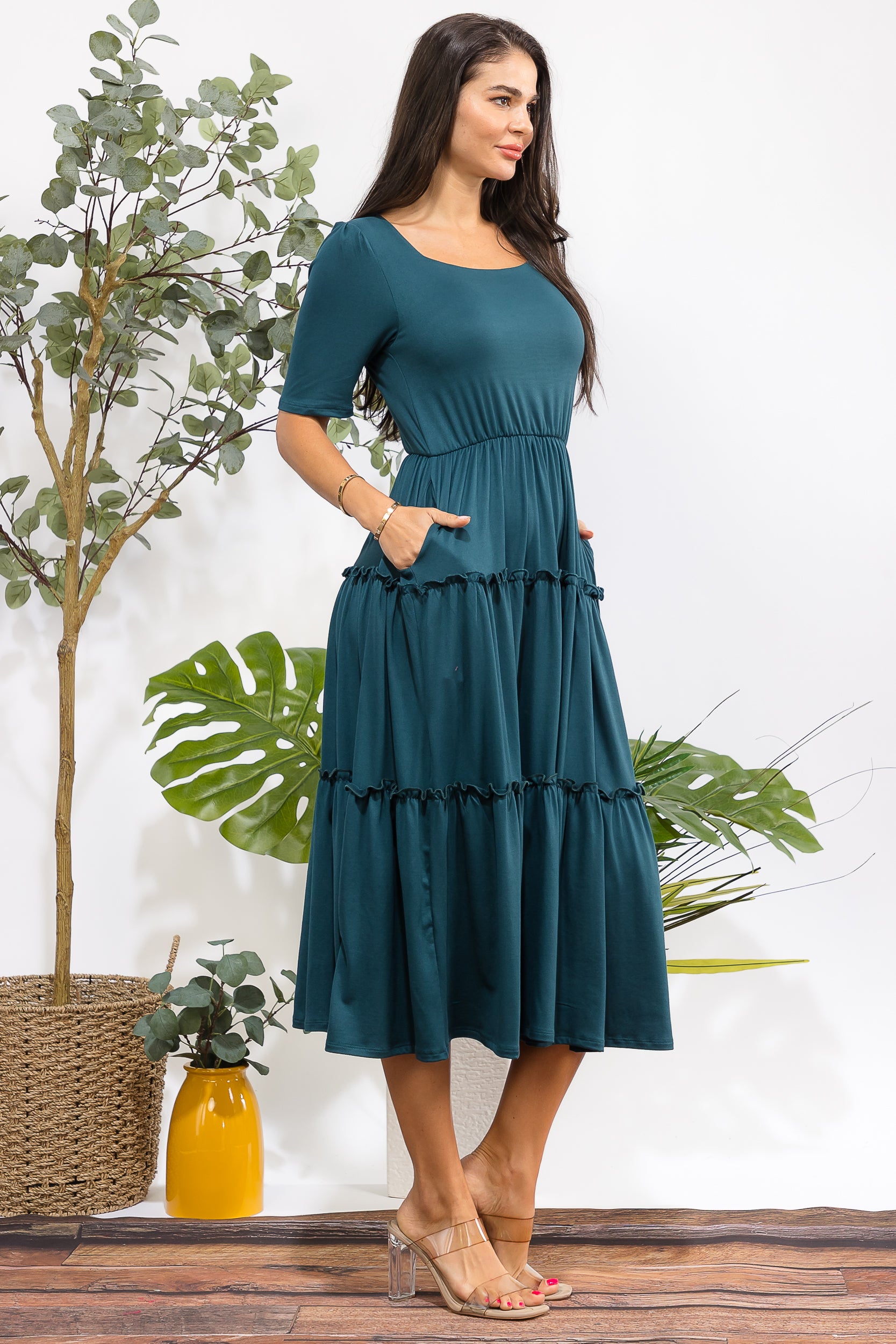 JR788R-S Tiered Midi Dress with Square Neck