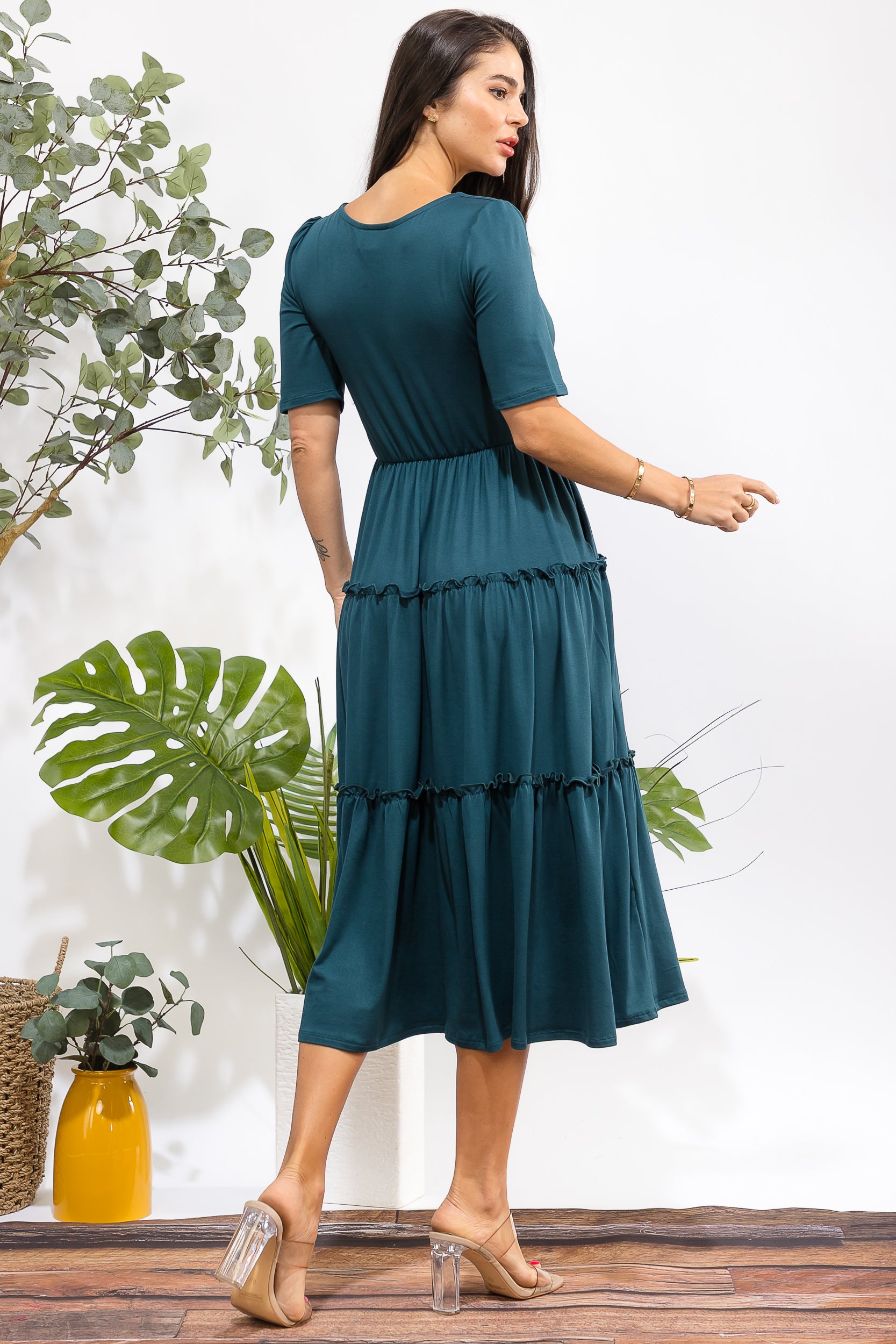 JR788R-S Tiered Midi Dress with Square Neck