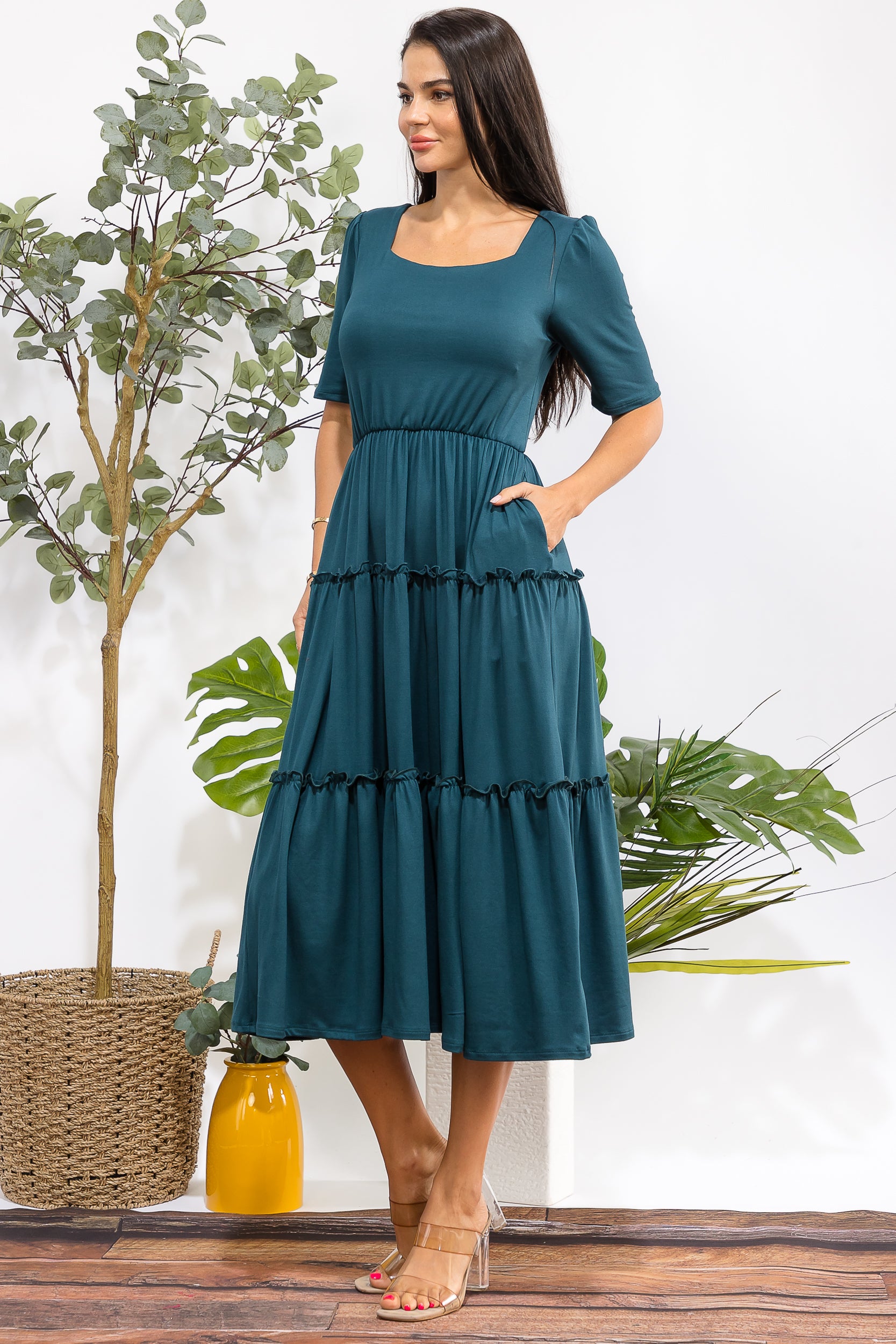 JR788R-S Tiered Midi Dress with Square Neck