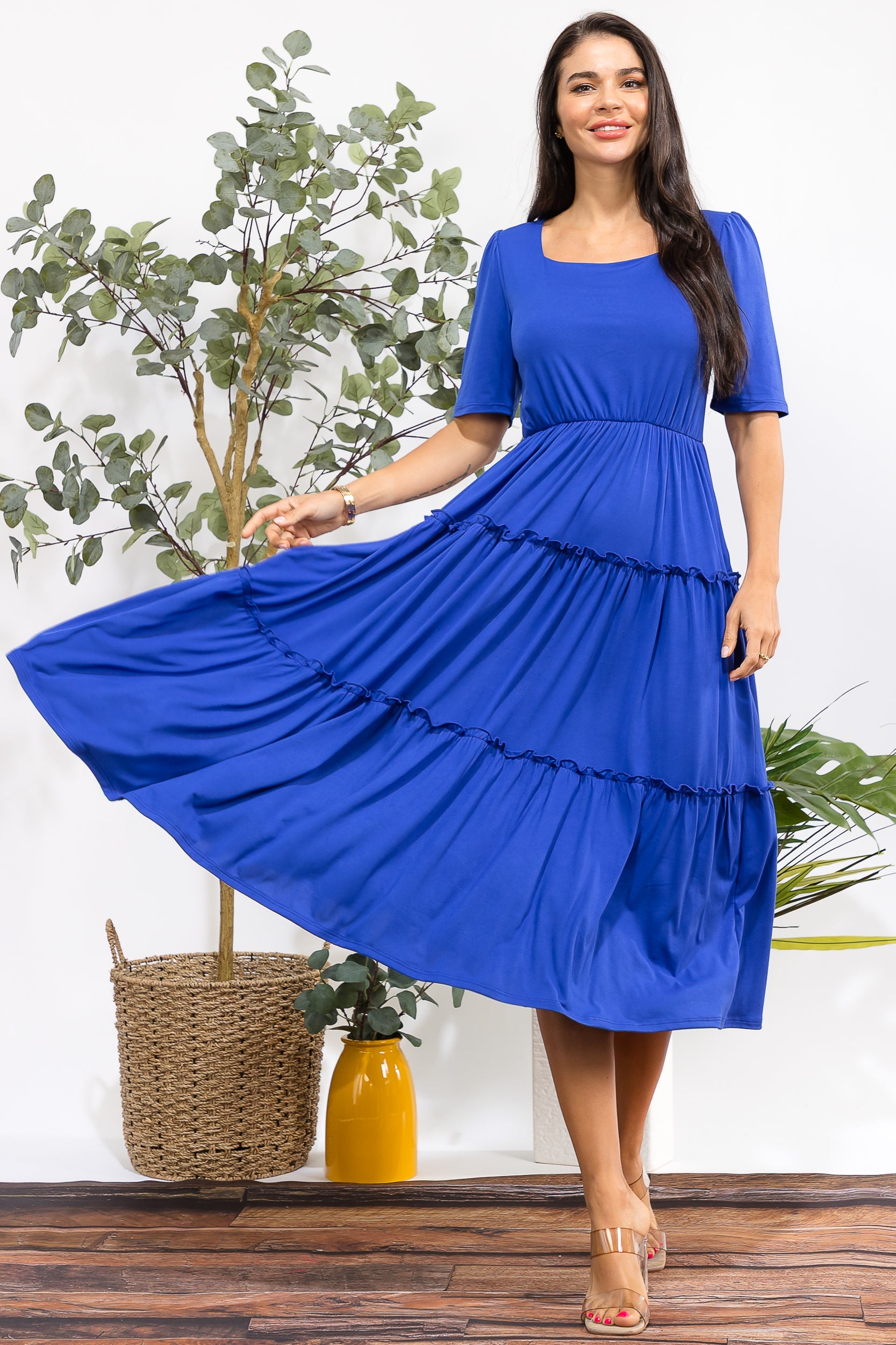 JR788R-S Tiered Midi Dress with Square Neck