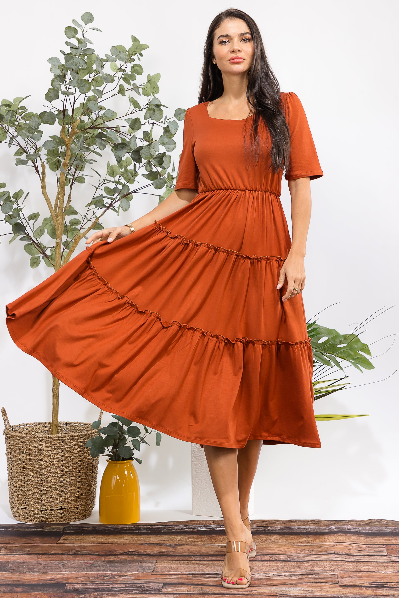 JR788R-S Tiered Midi Dress with Square Neck