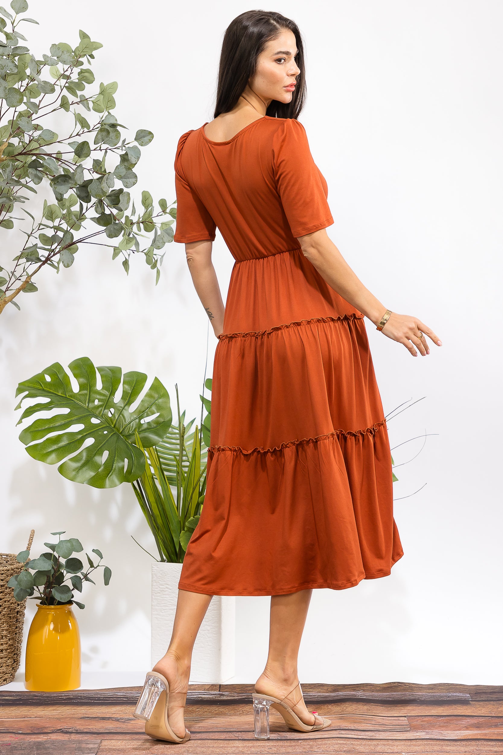JR788R-S Tiered Midi Dress with Square Neck