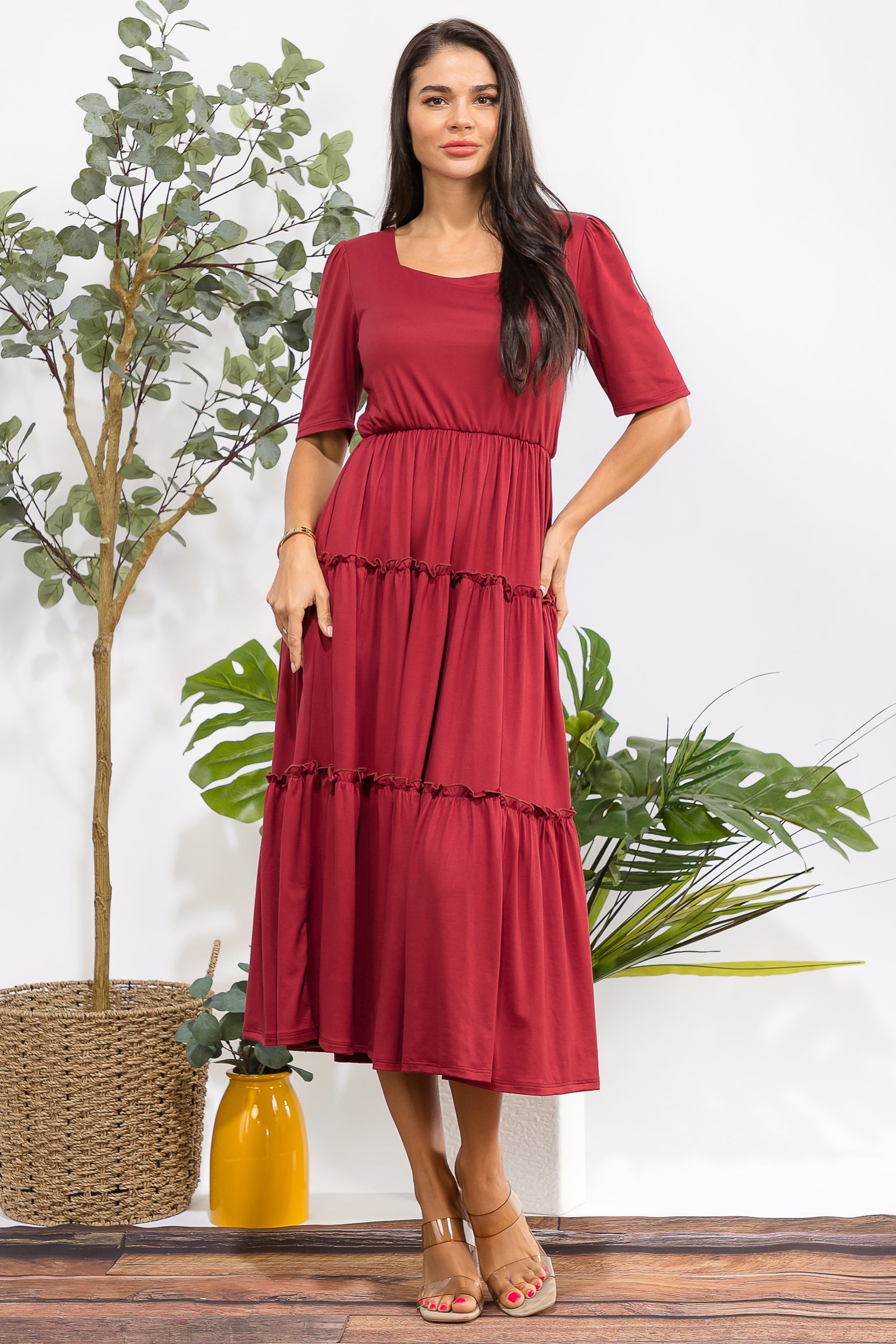 JR788R-S Tiered Midi Dress with Square Neck