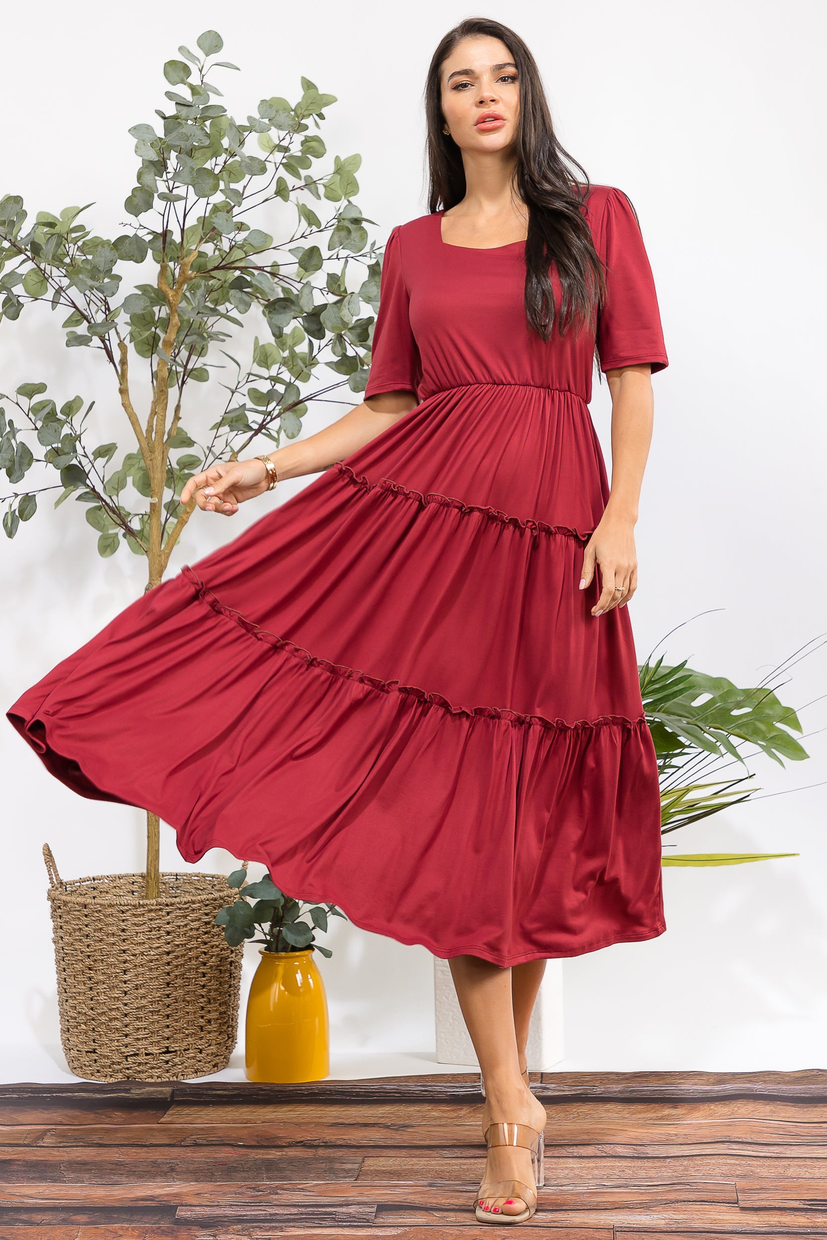 JR788R-S Tiered Midi Dress with Square Neck