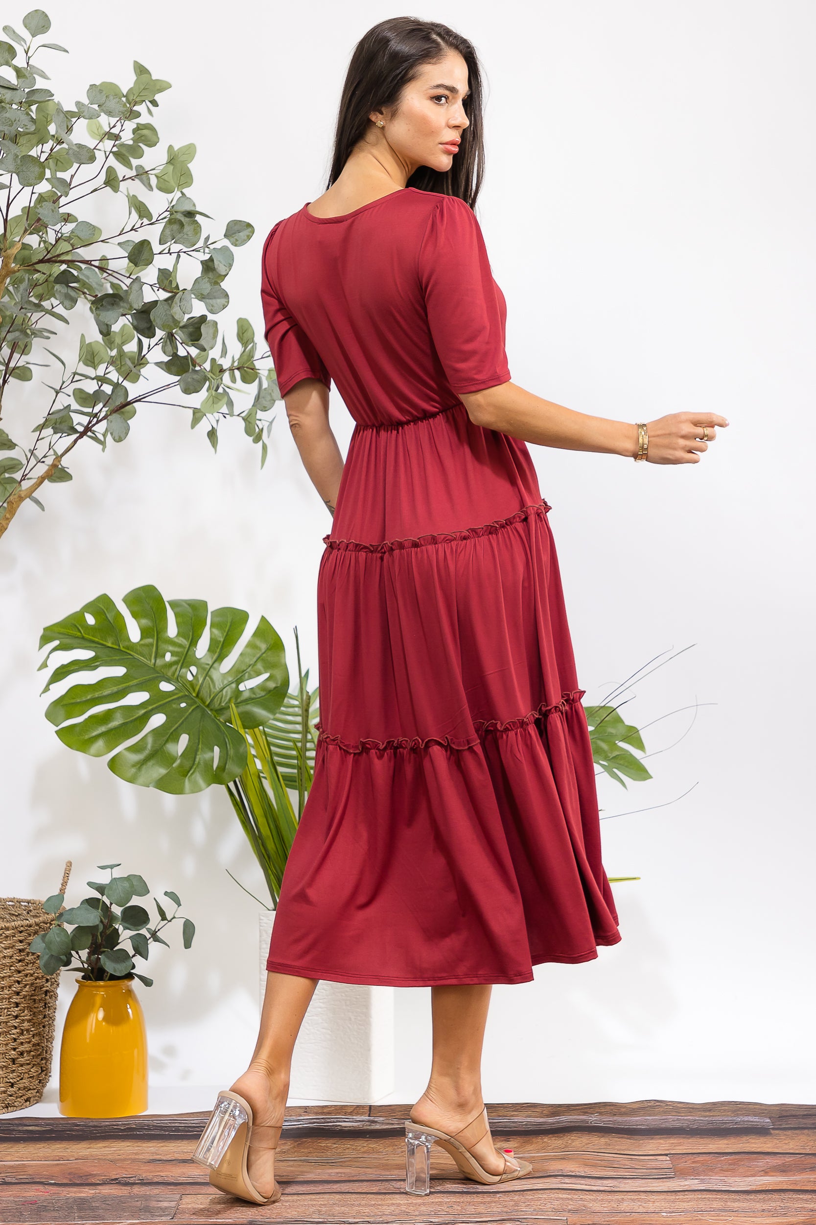 JR788R-S Tiered Midi Dress with Square Neck