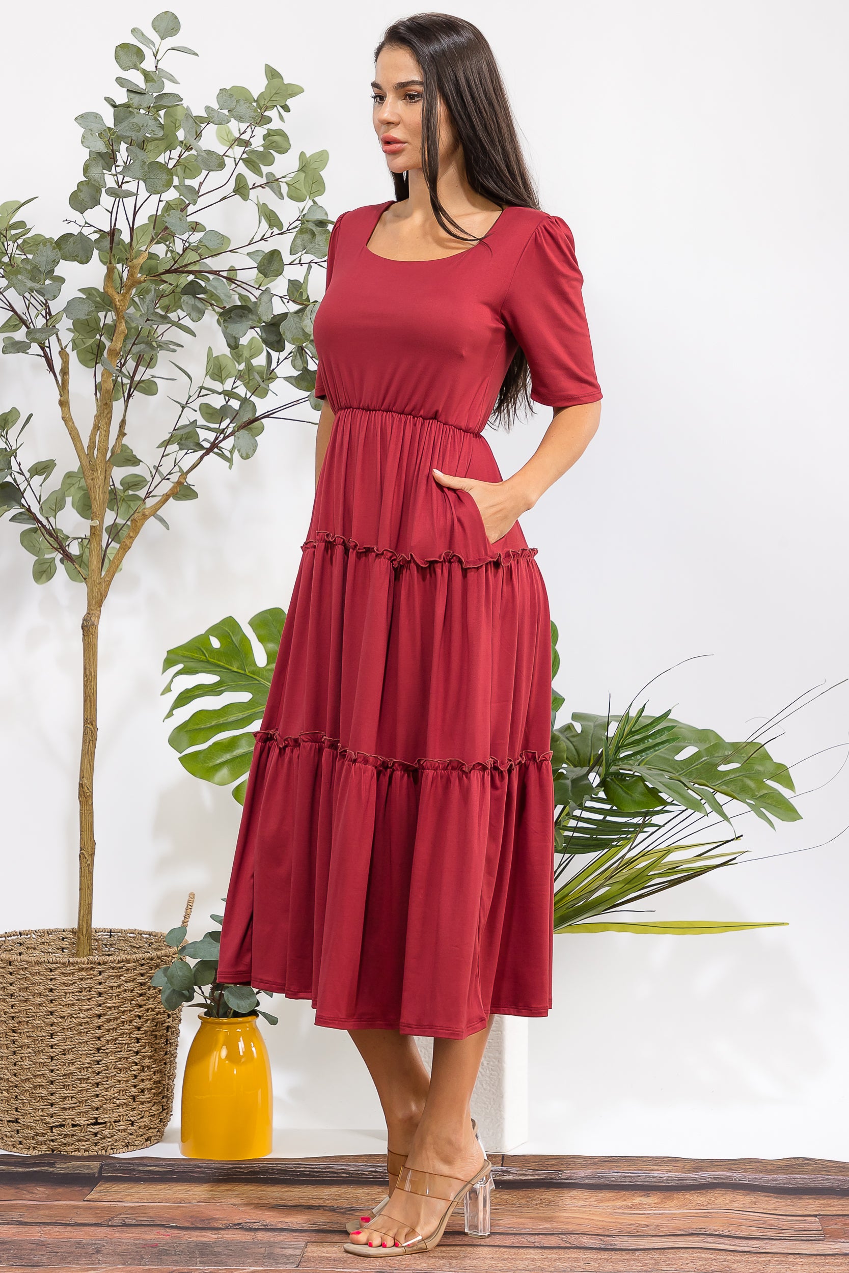 JR788R-S Tiered Midi Dress with Square Neck