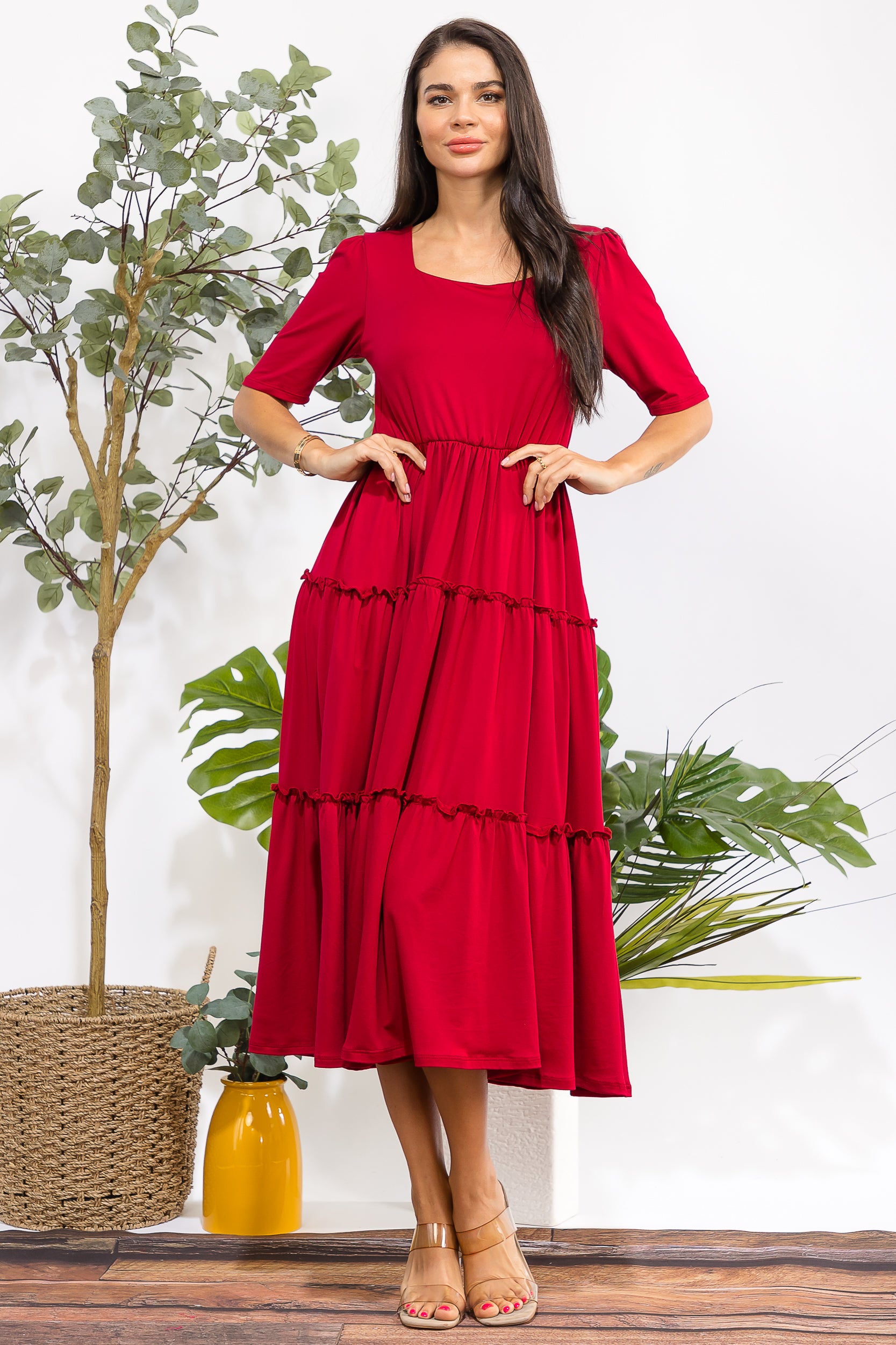 JR788R-S Tiered Midi Dress with Square Neck