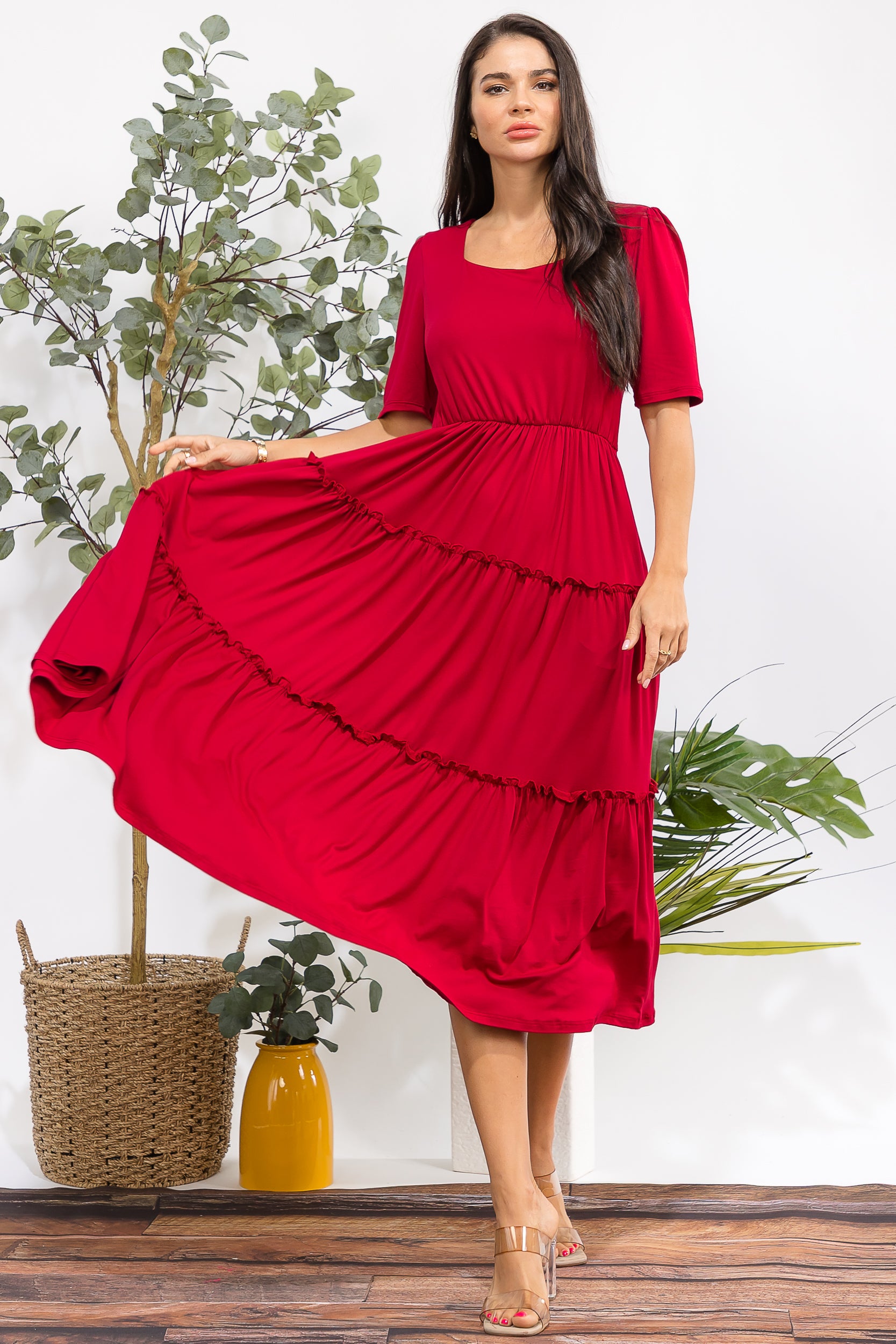 JR788R-S Tiered Midi Dress with Square Neck
