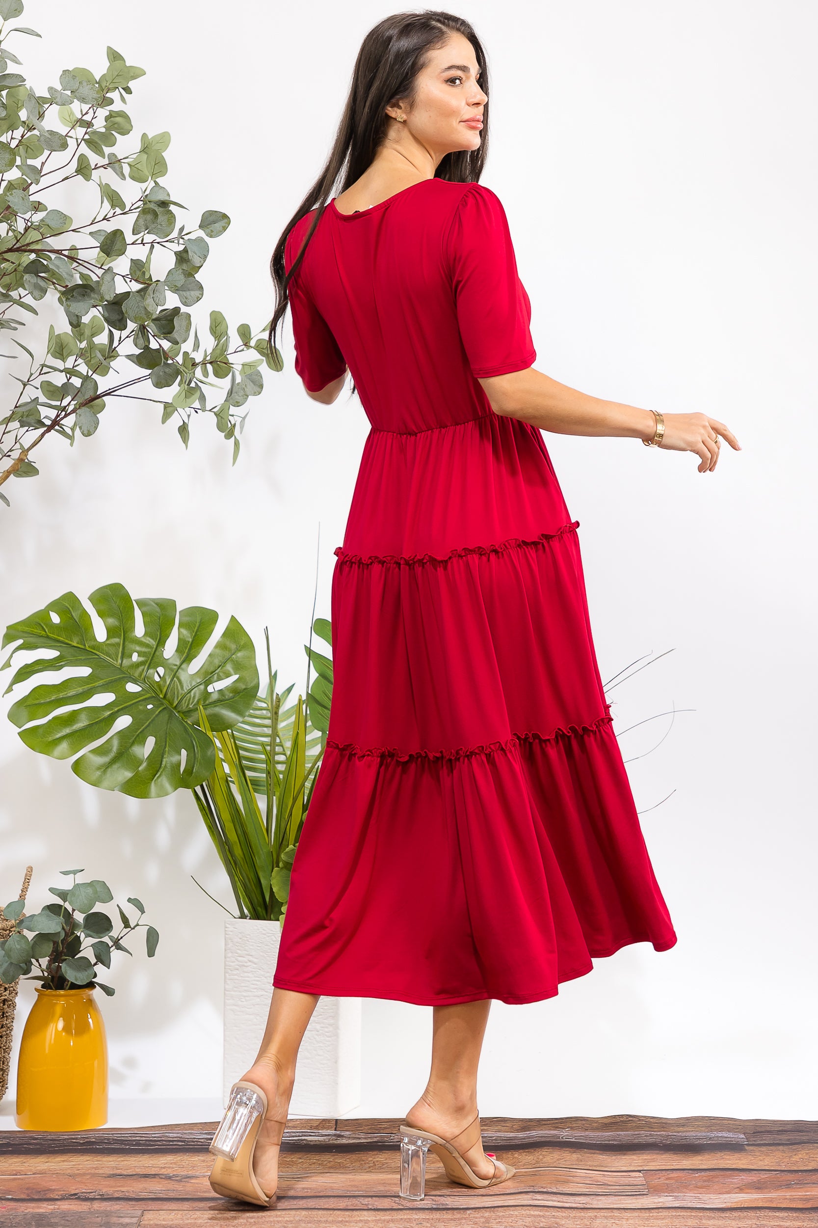 JR788R-S Tiered Midi Dress with Square Neck