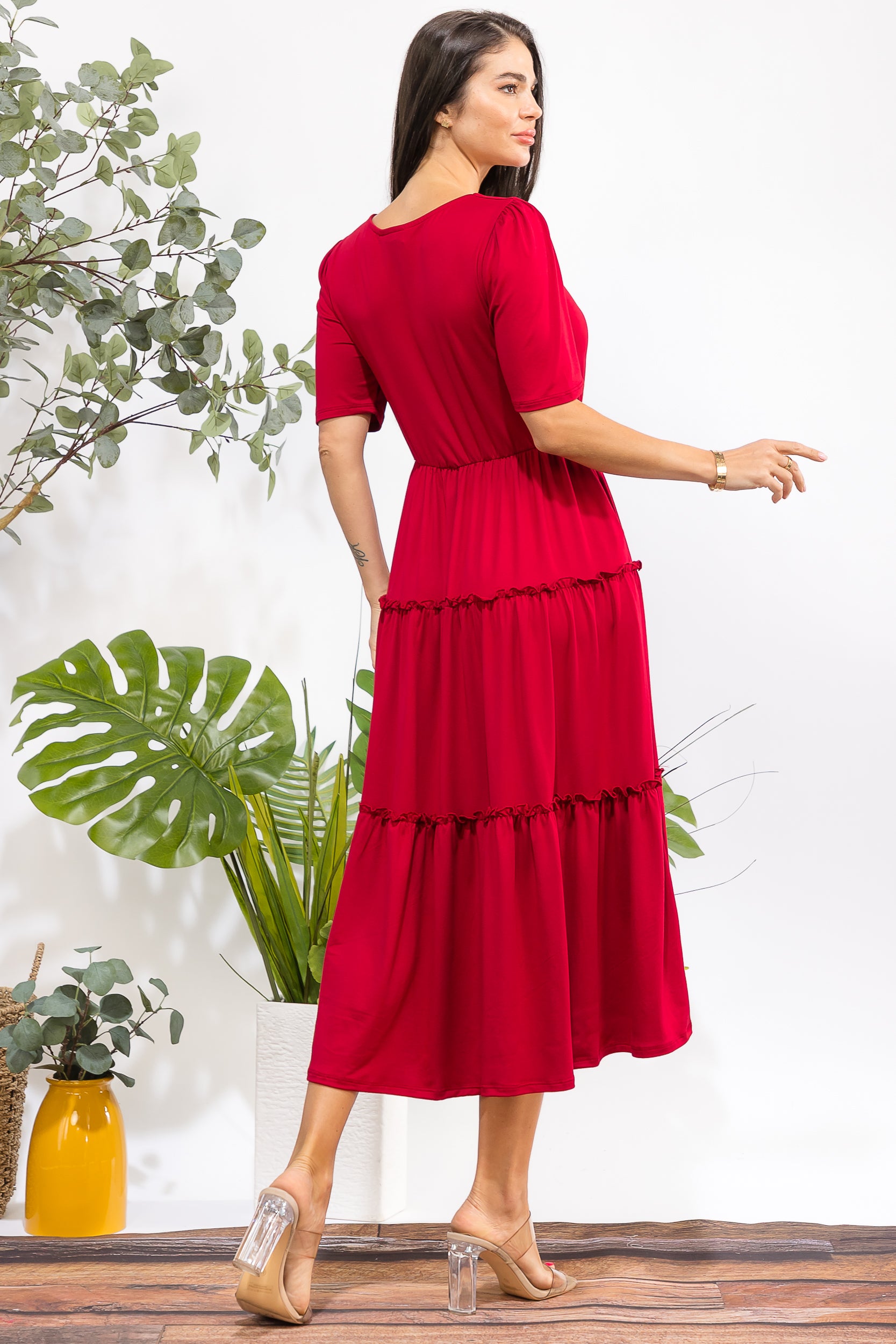 JR788R-S Tiered Midi Dress with Square Neck