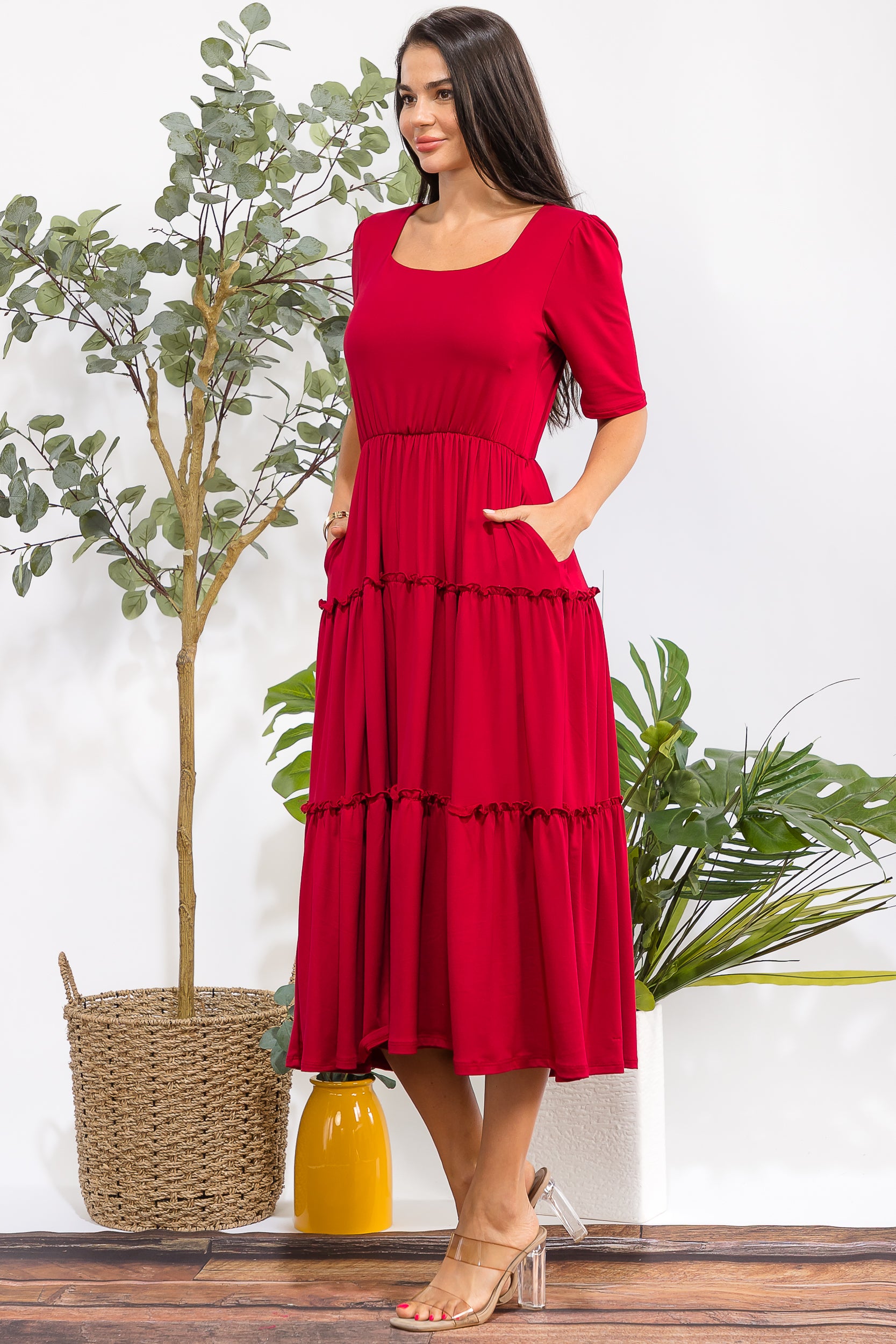 JR788R-S Tiered Midi Dress with Square Neck