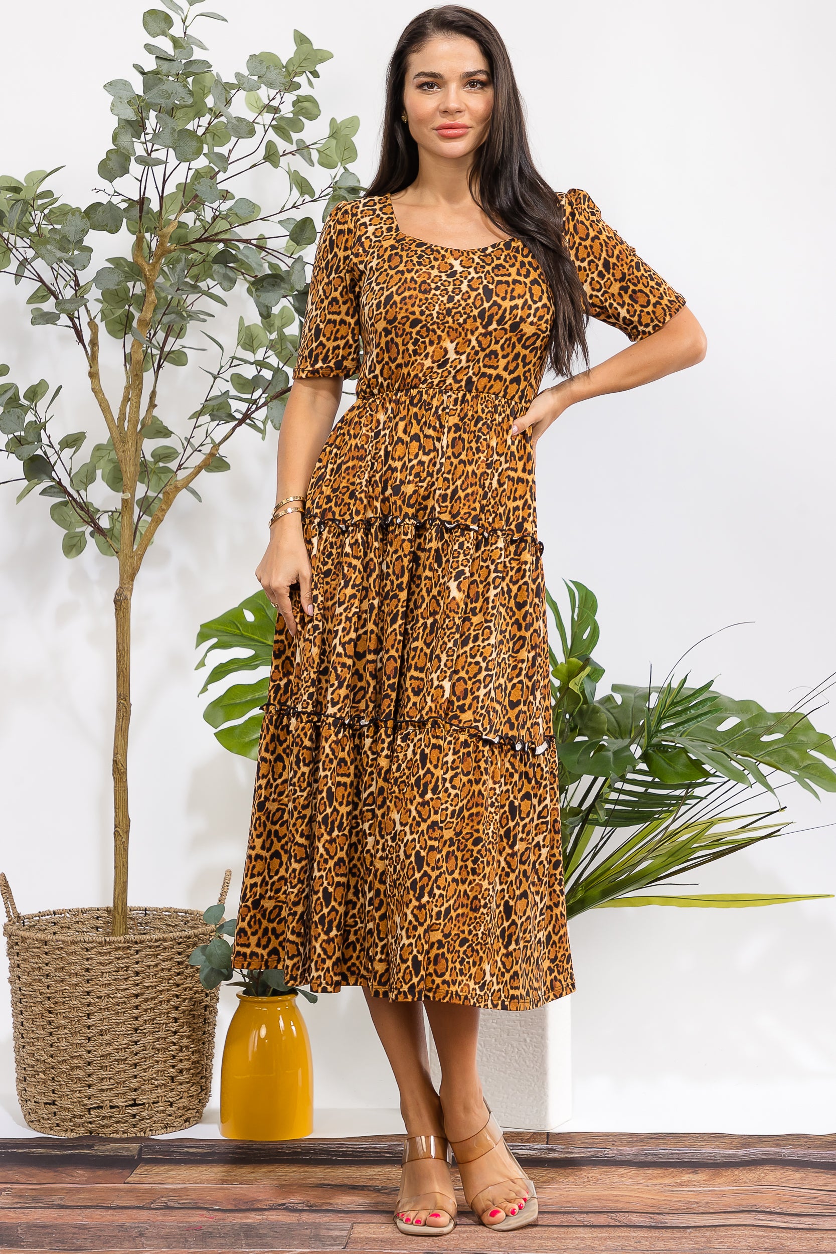 JR778R-P Leopard Print Tiered Midi Dress