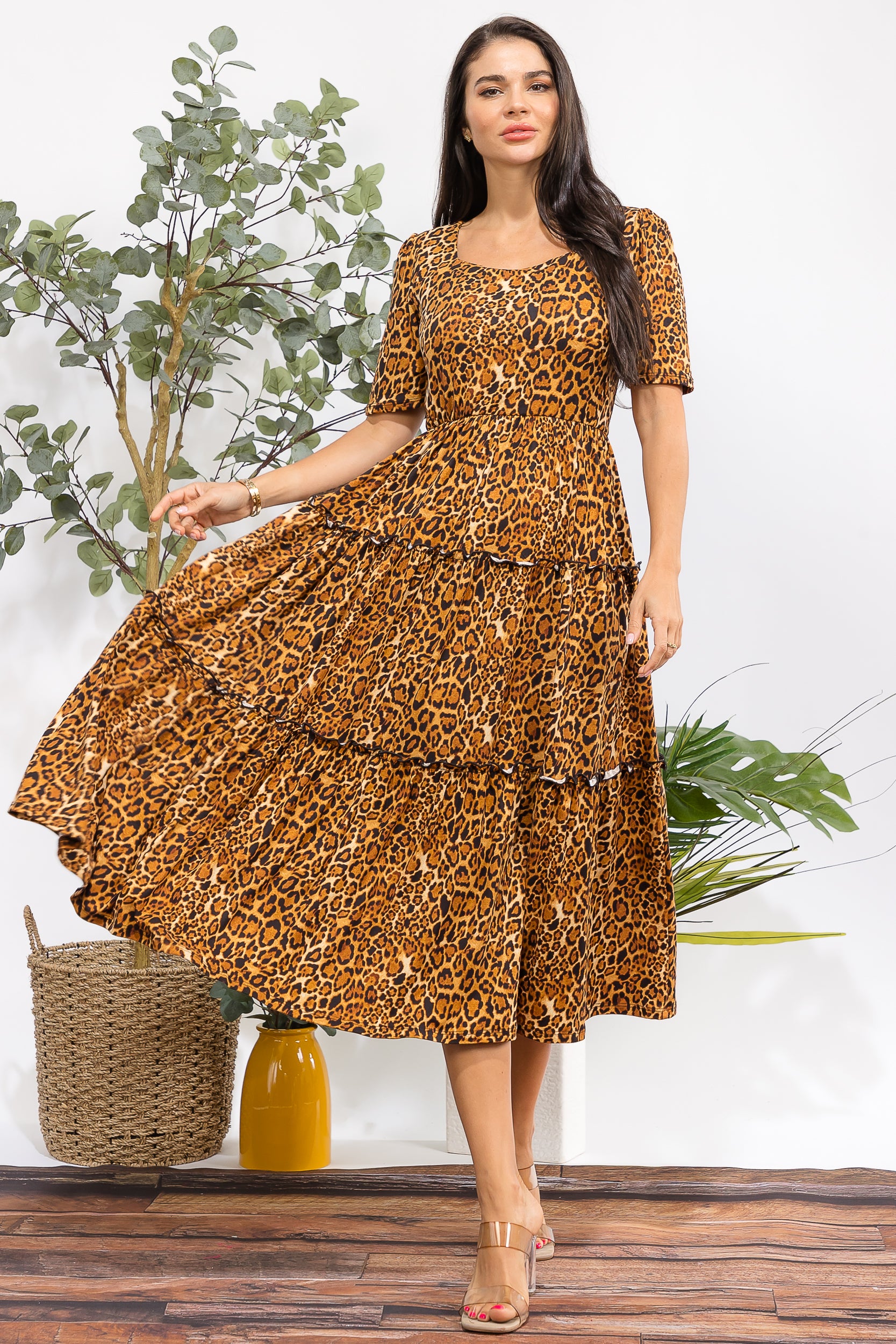 JR778X-P Plus Size Leopard Print Tiered Midi Dress