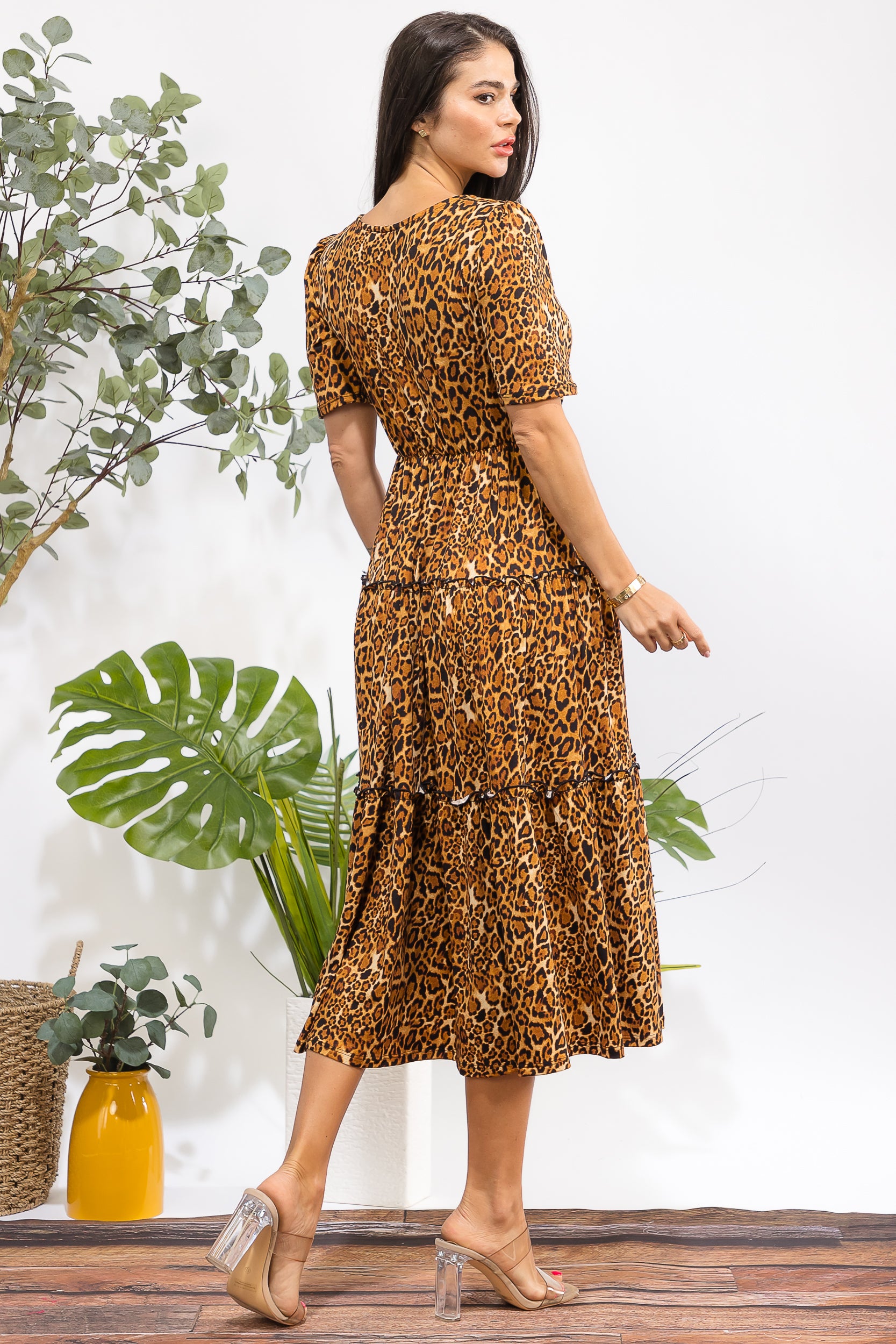 JR778X-P Plus Size Leopard Print Tiered Midi Dress