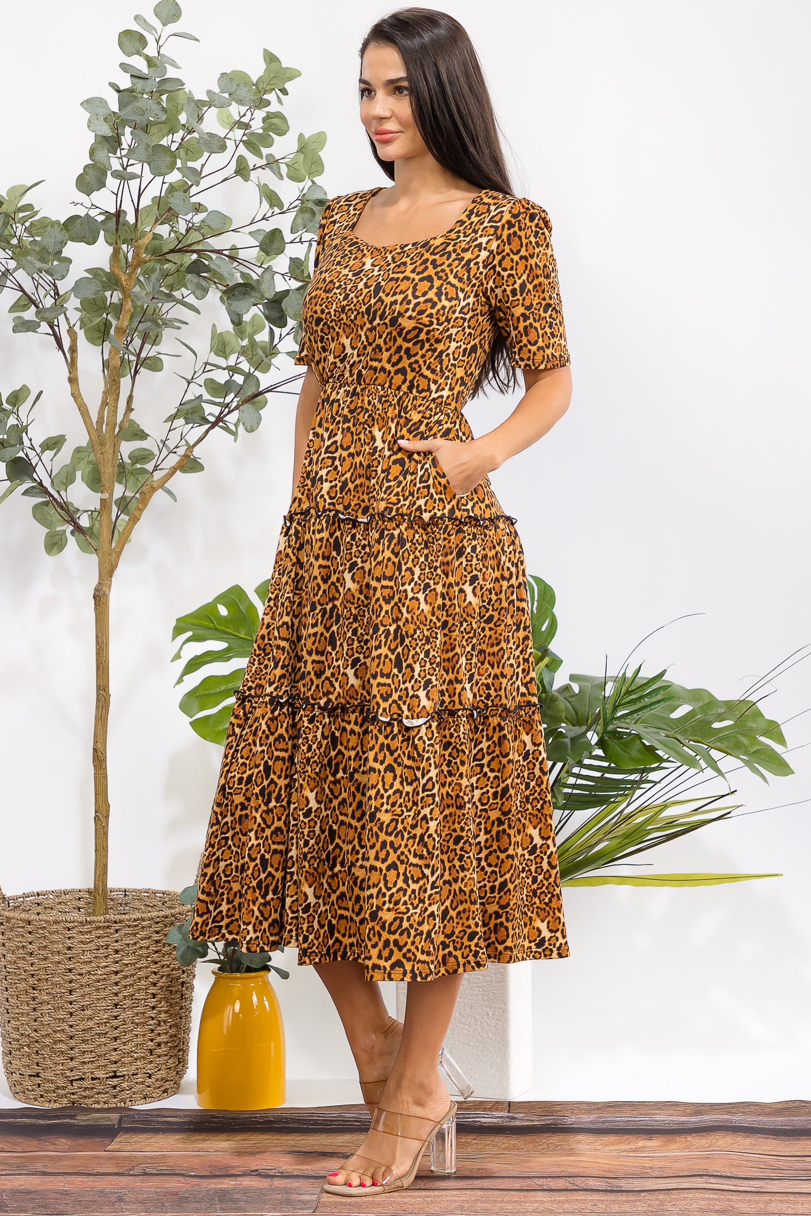 JR778X-P Plus Size Leopard Print Tiered Midi Dress