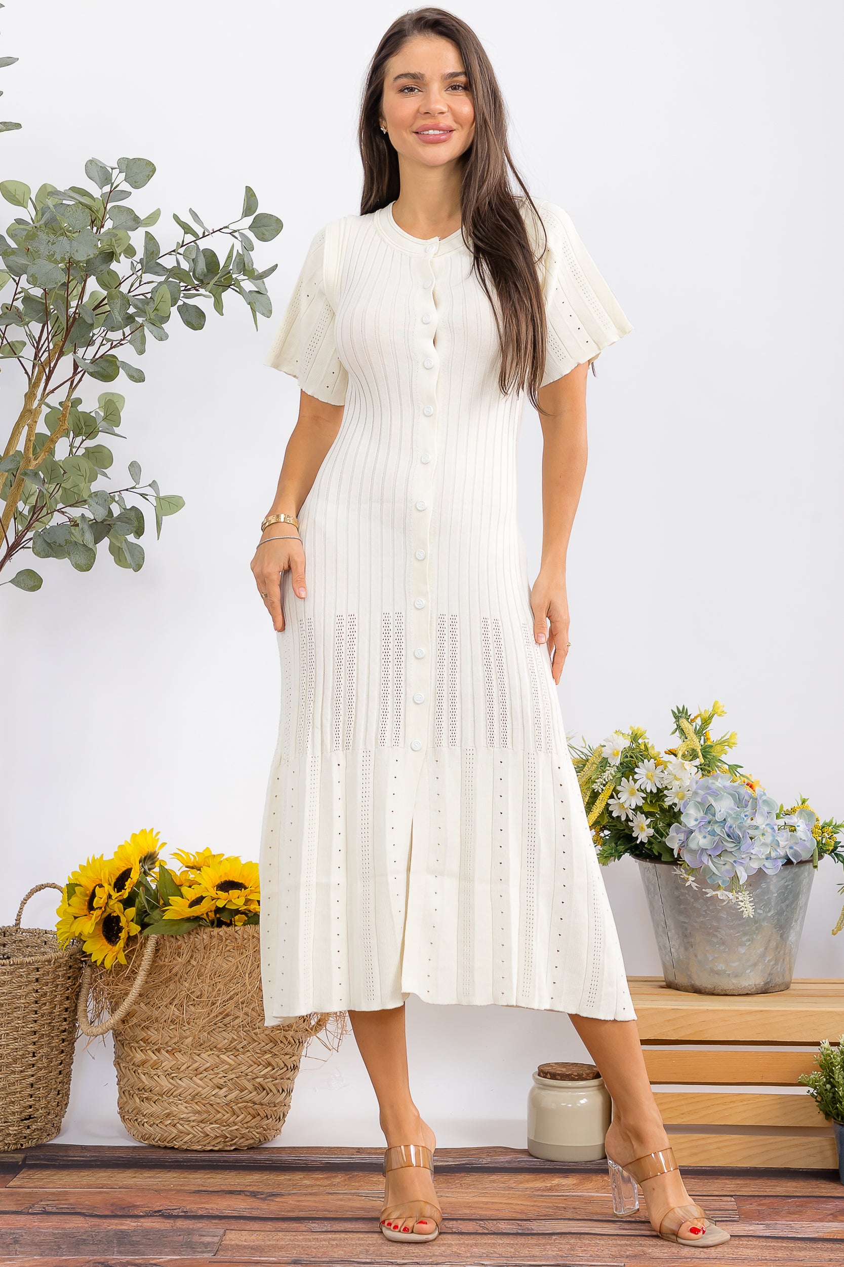 HH9982 Flutter Sleeve Ribbed Midi Dress