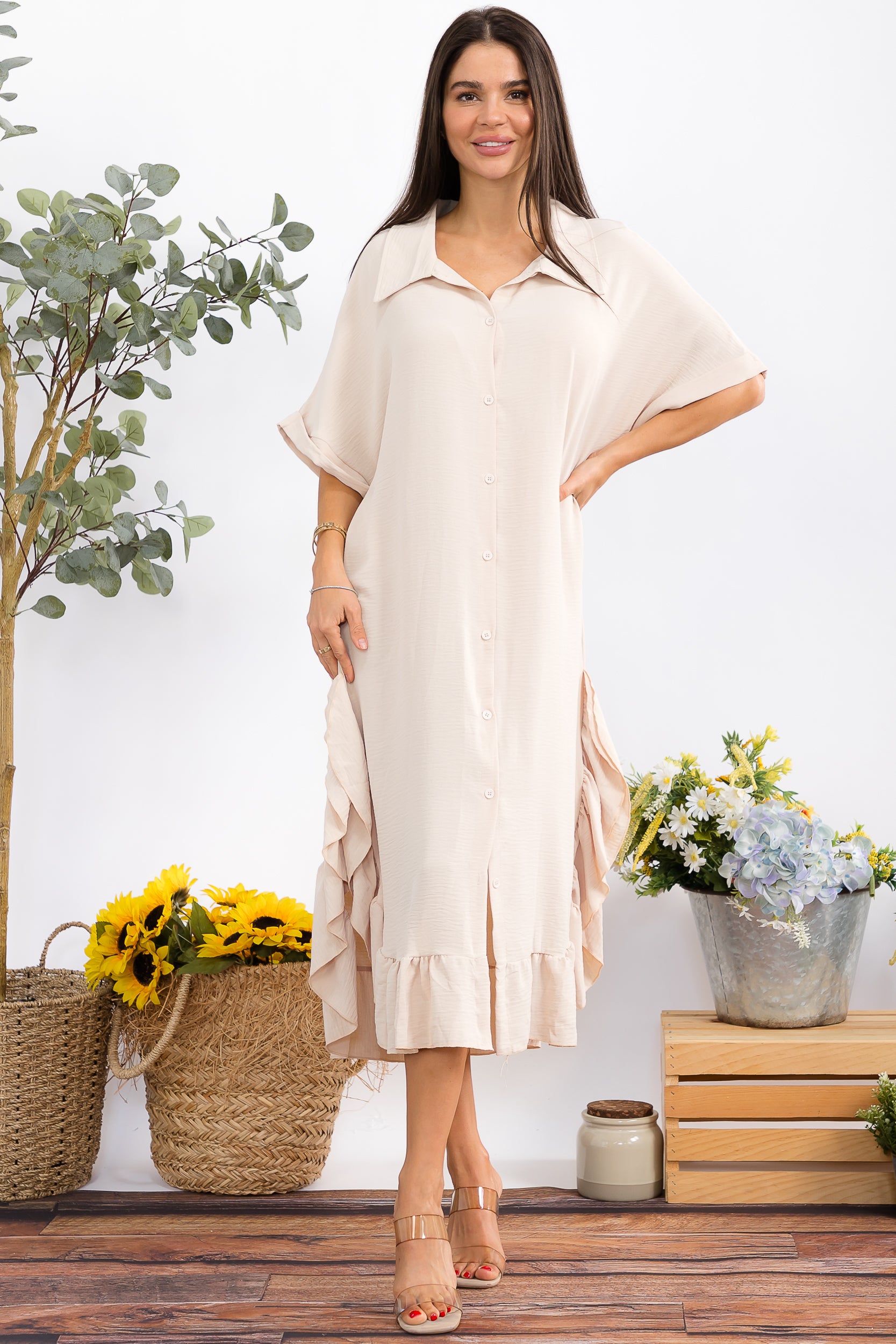 HH25100-R Ruffled Button-Down Midi Dress