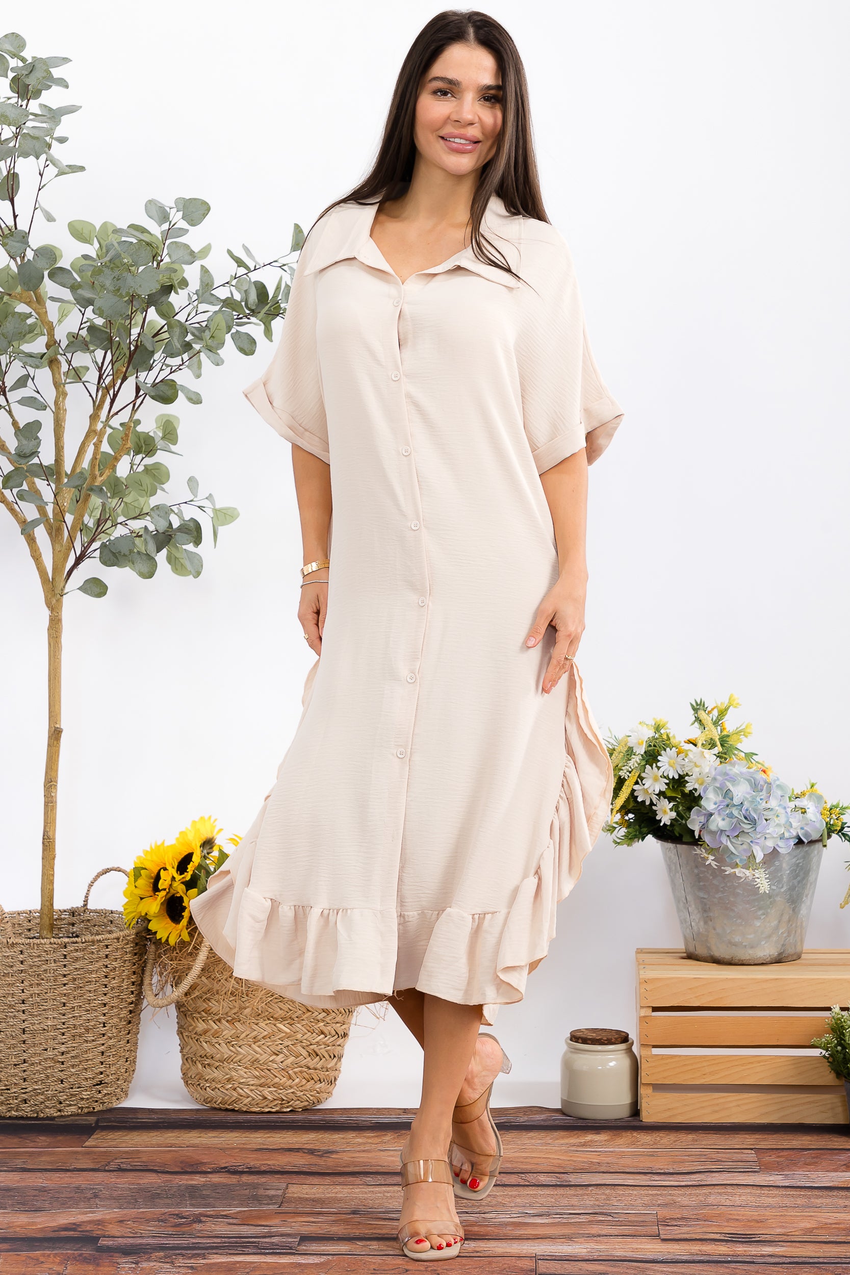 HH25100-X Plus Size Ruffled Button-Down Midi Dress