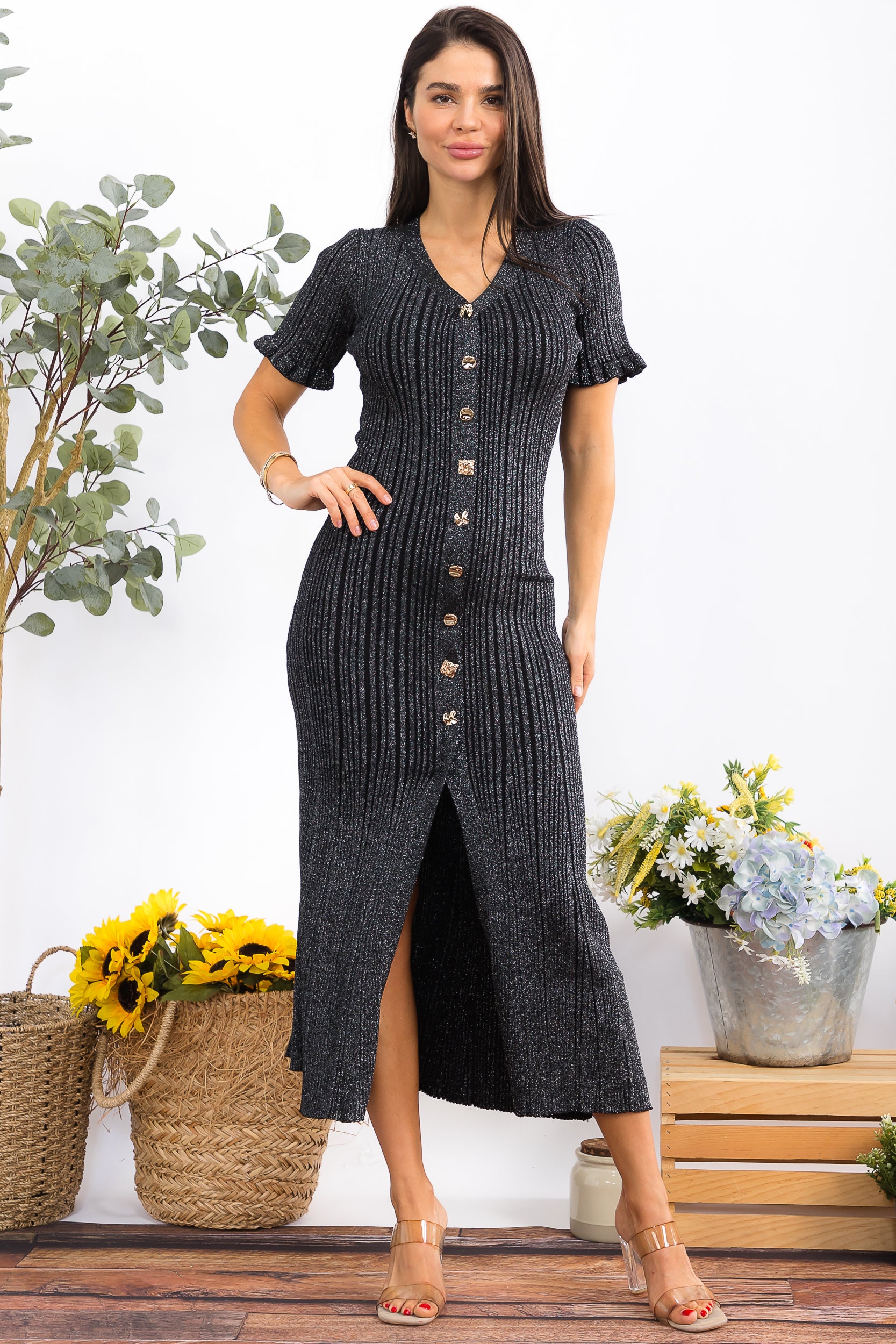 HH9987 Shiny Ribbed Knit Midi Dress