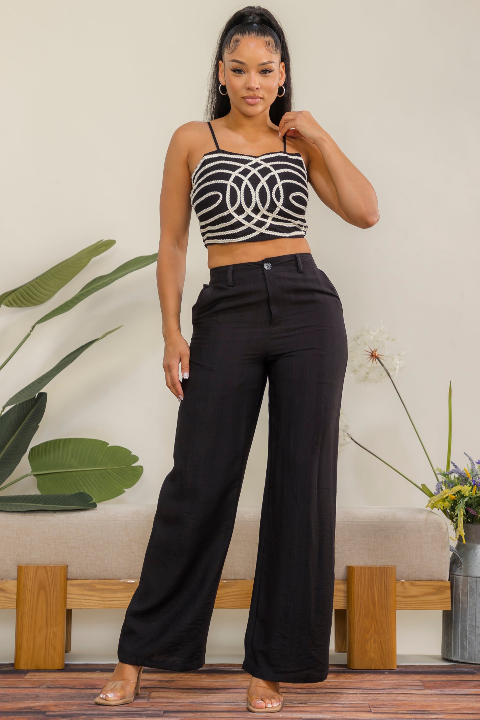 ES418 - Rope Detail Crop Top & Wide Leg Pant Set