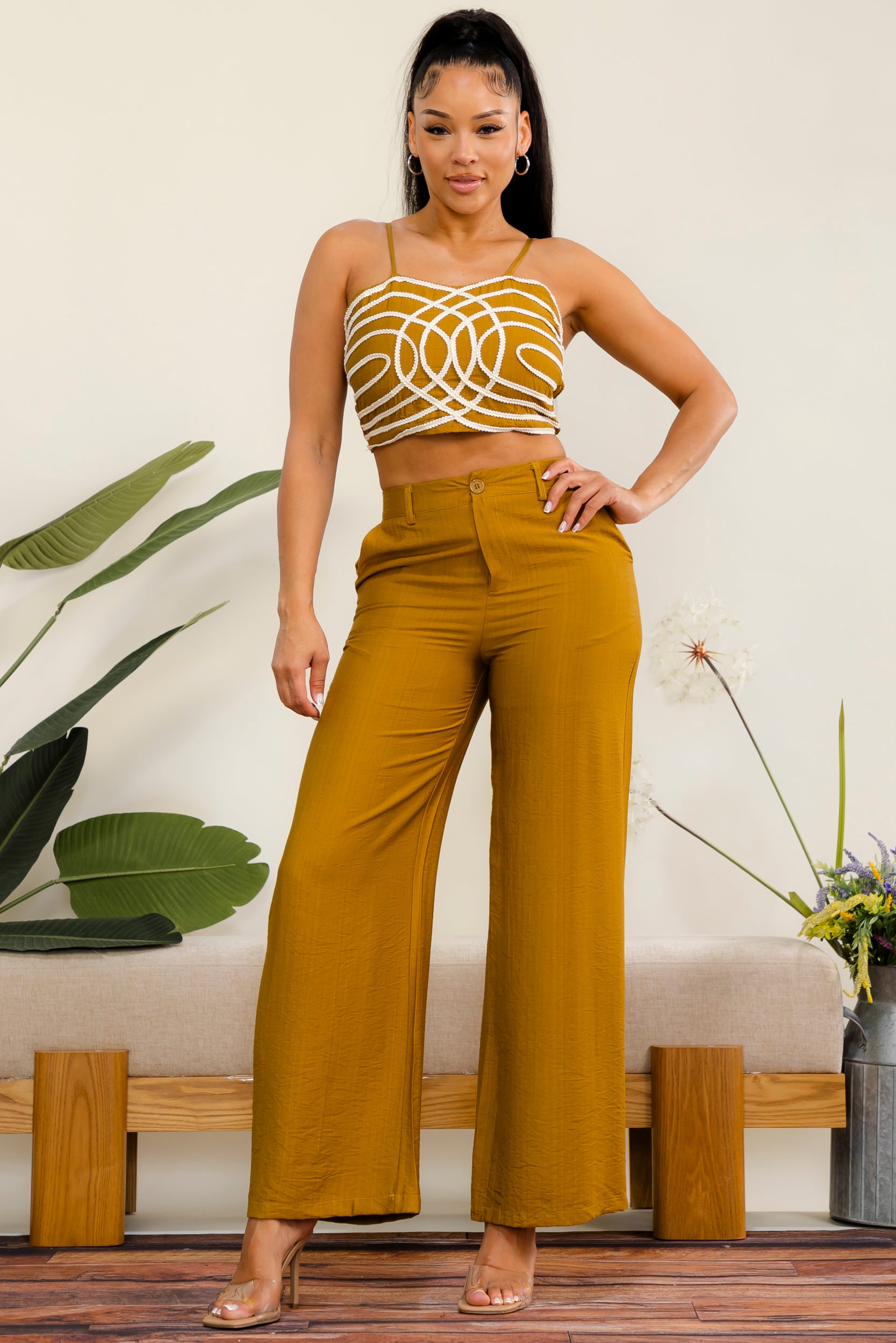 ES418 - Rope Detail Crop Top & Wide Leg Pant Set
