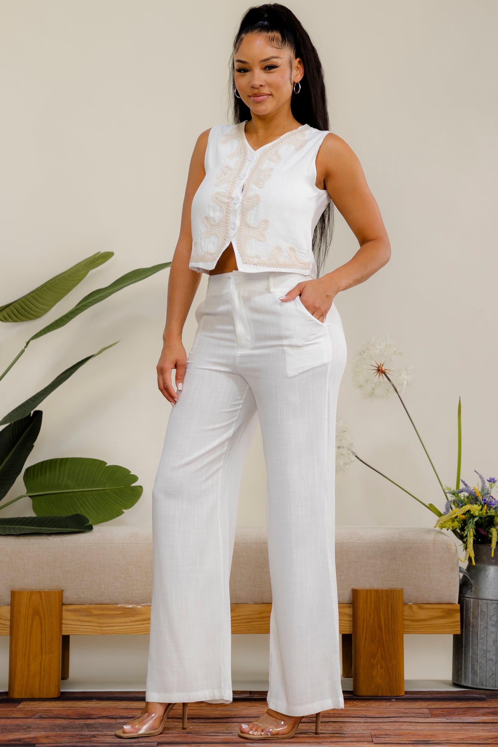 ES419 - Embroidered Vest & Wide Leg Pant Set