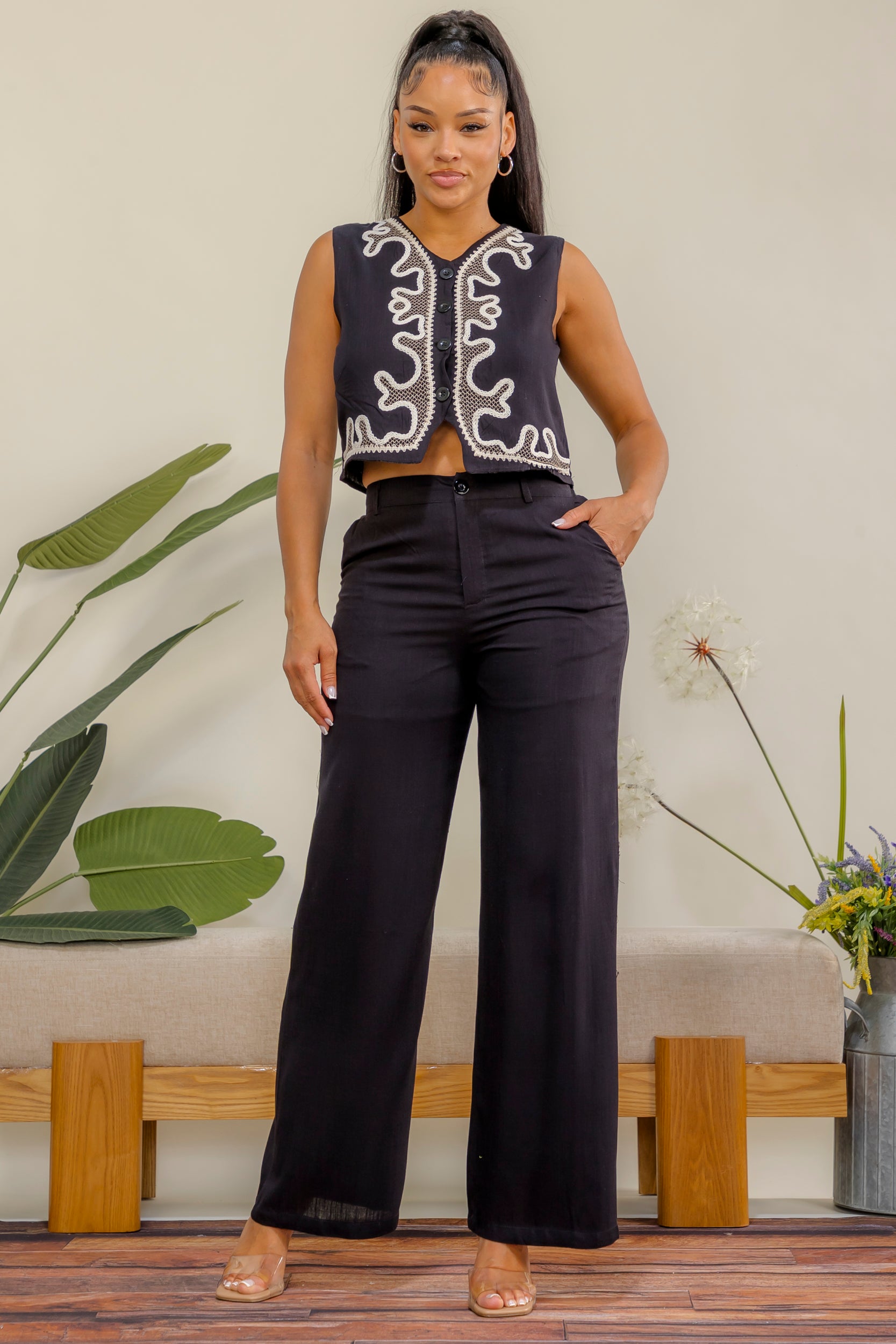 ES419 - Embroidered Vest & Wide Leg Pant Set