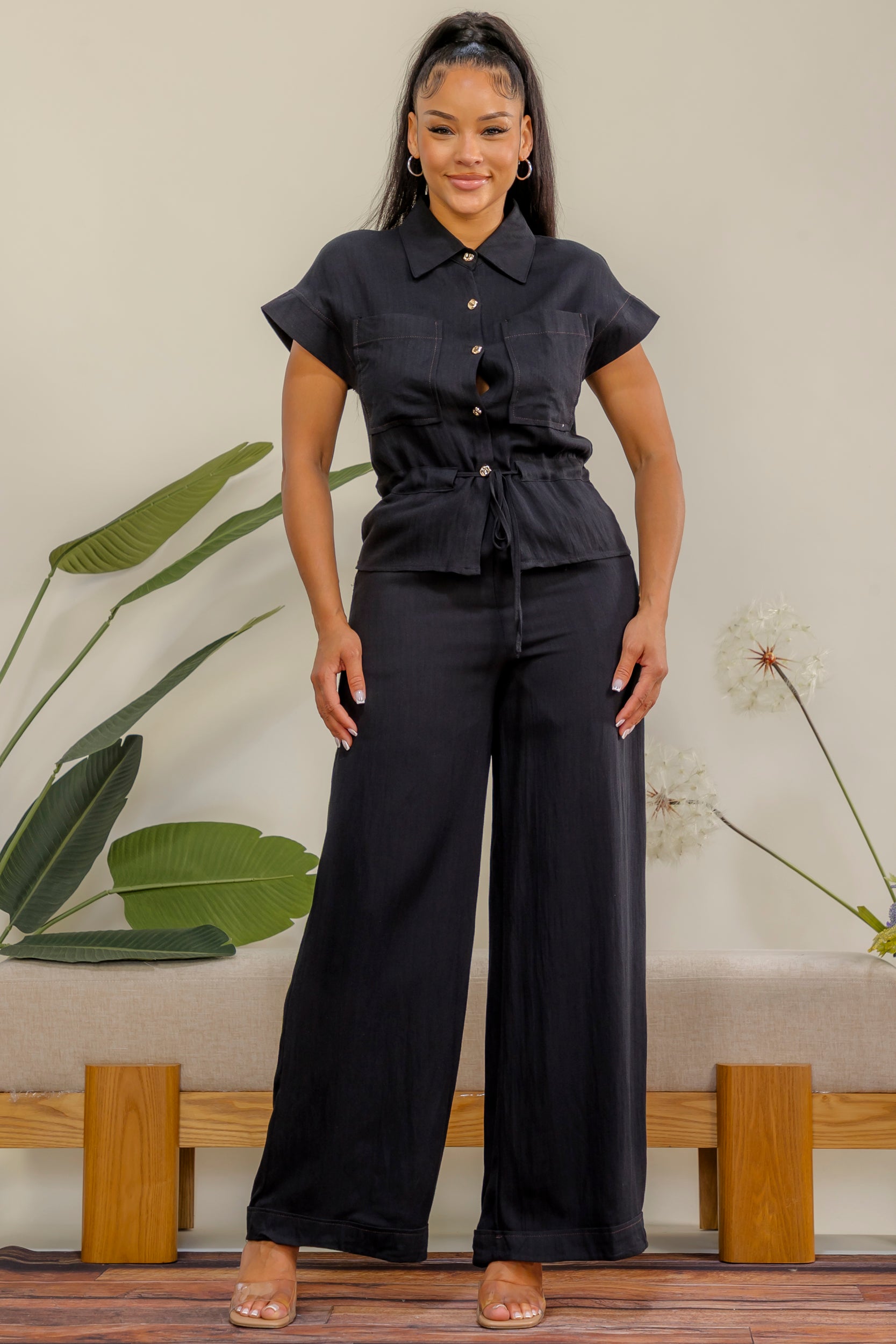 ES417-R - Button Drawstring Wide Leg Set