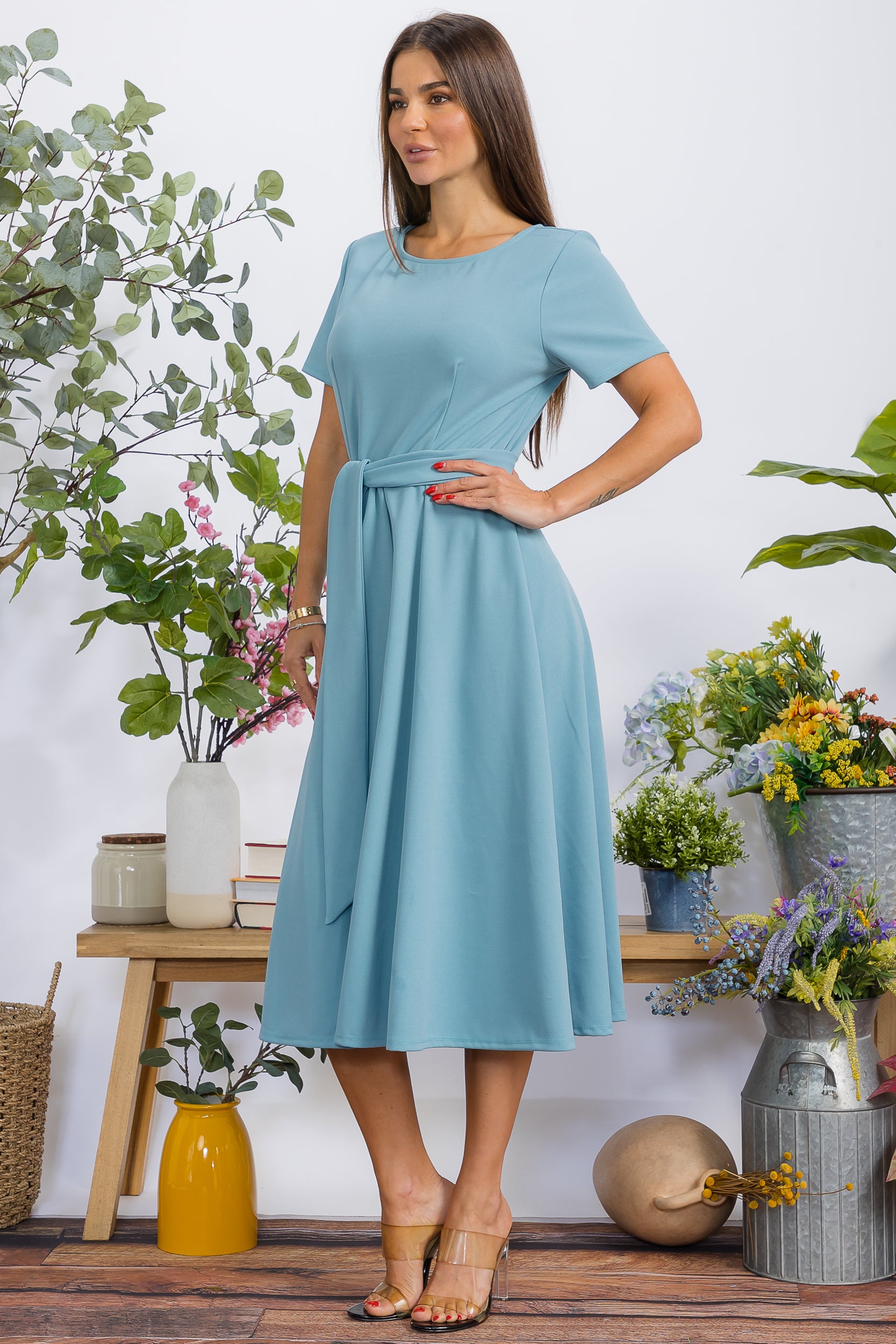 HH726BX-S Plus Size Roll Up Sleeve Belted Dress