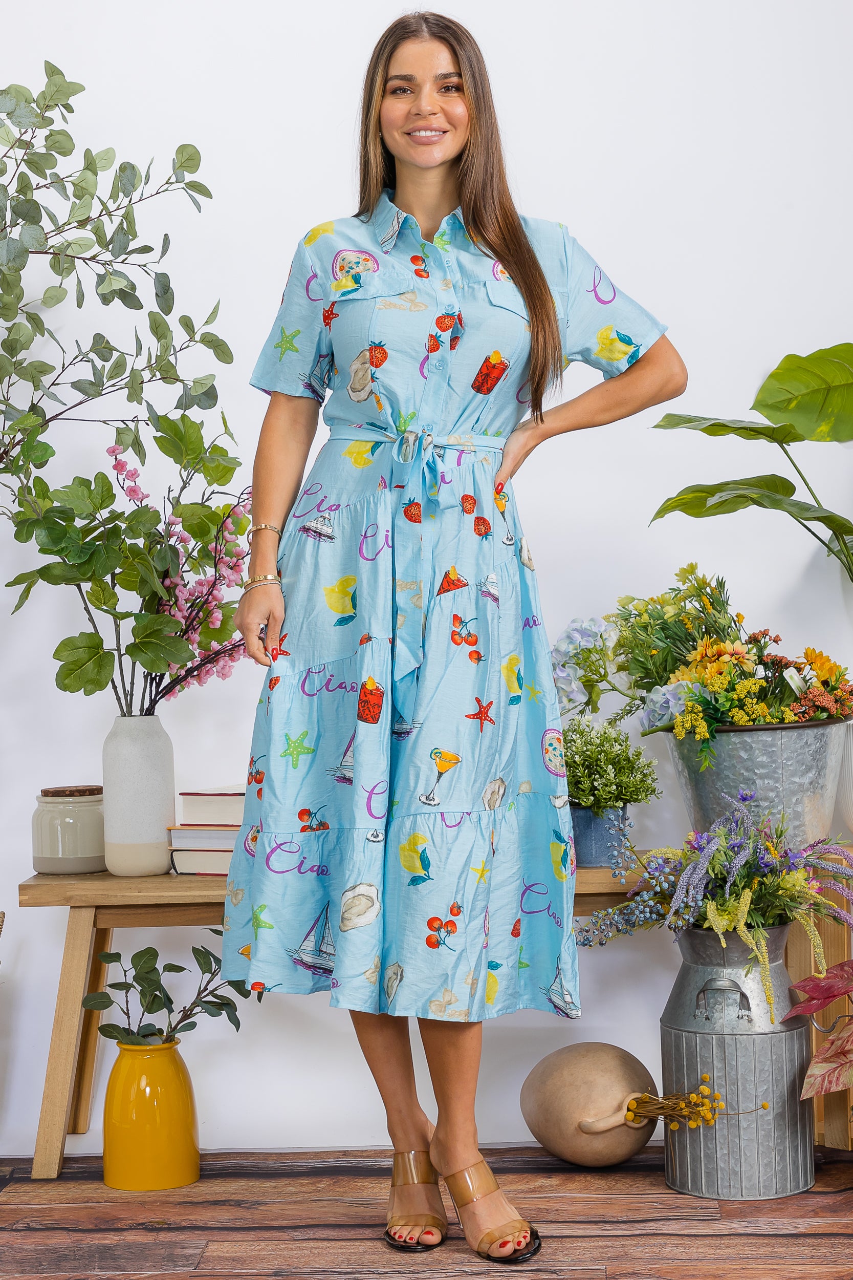 41995D  Button Down Collar Short Sleeve Tier Midi Dress