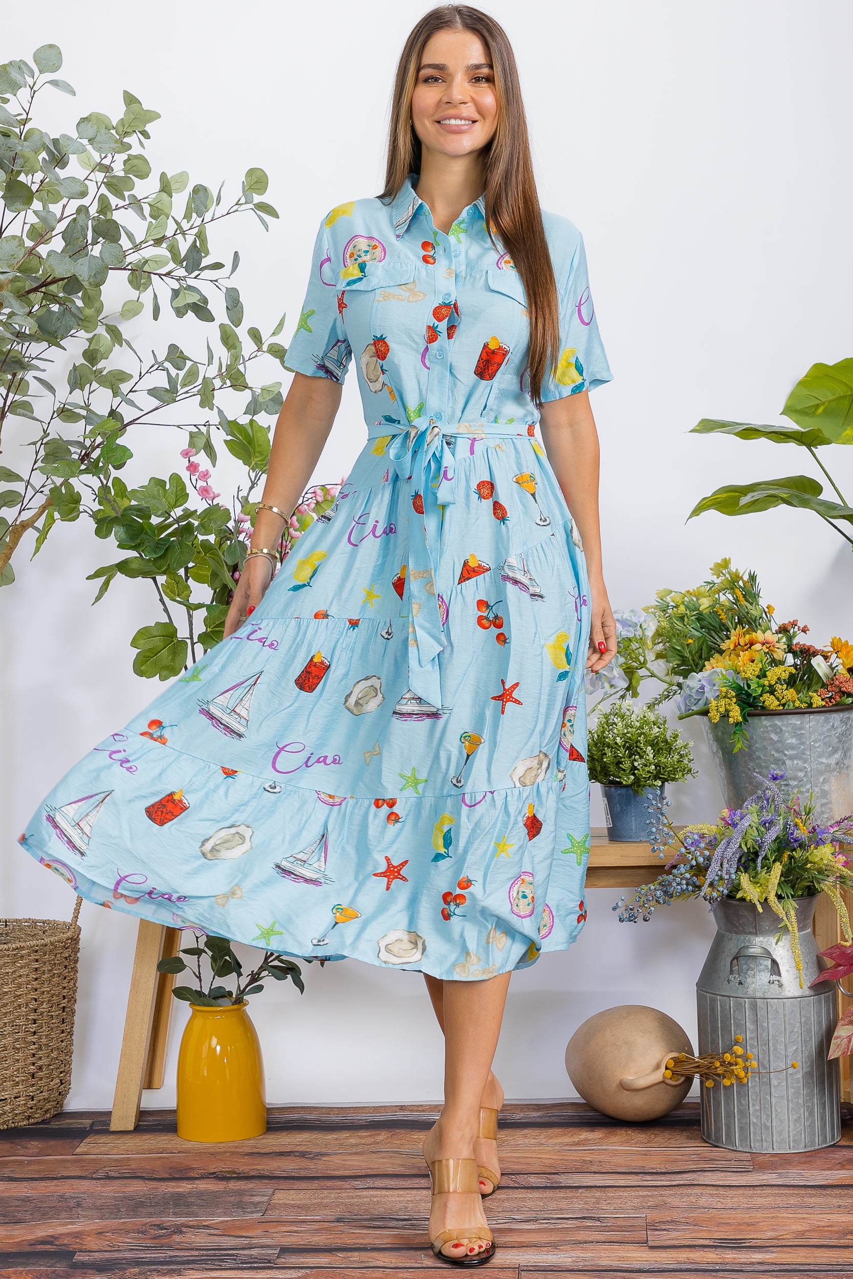 41995D  Button Down Collar Short Sleeve Tier Midi Dress