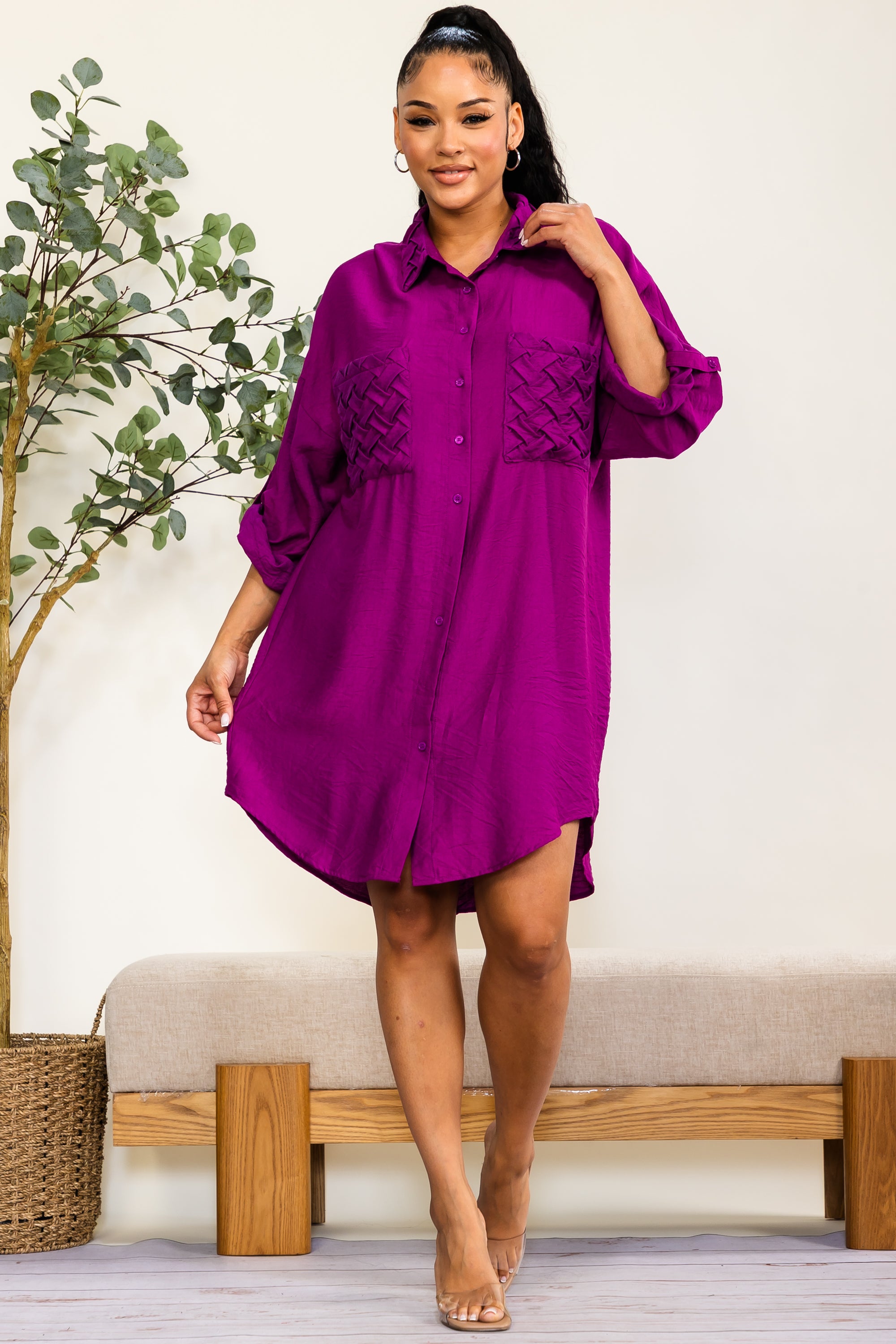 YD226X-S - Plus Size Pocket Button-Down Shirt Dress