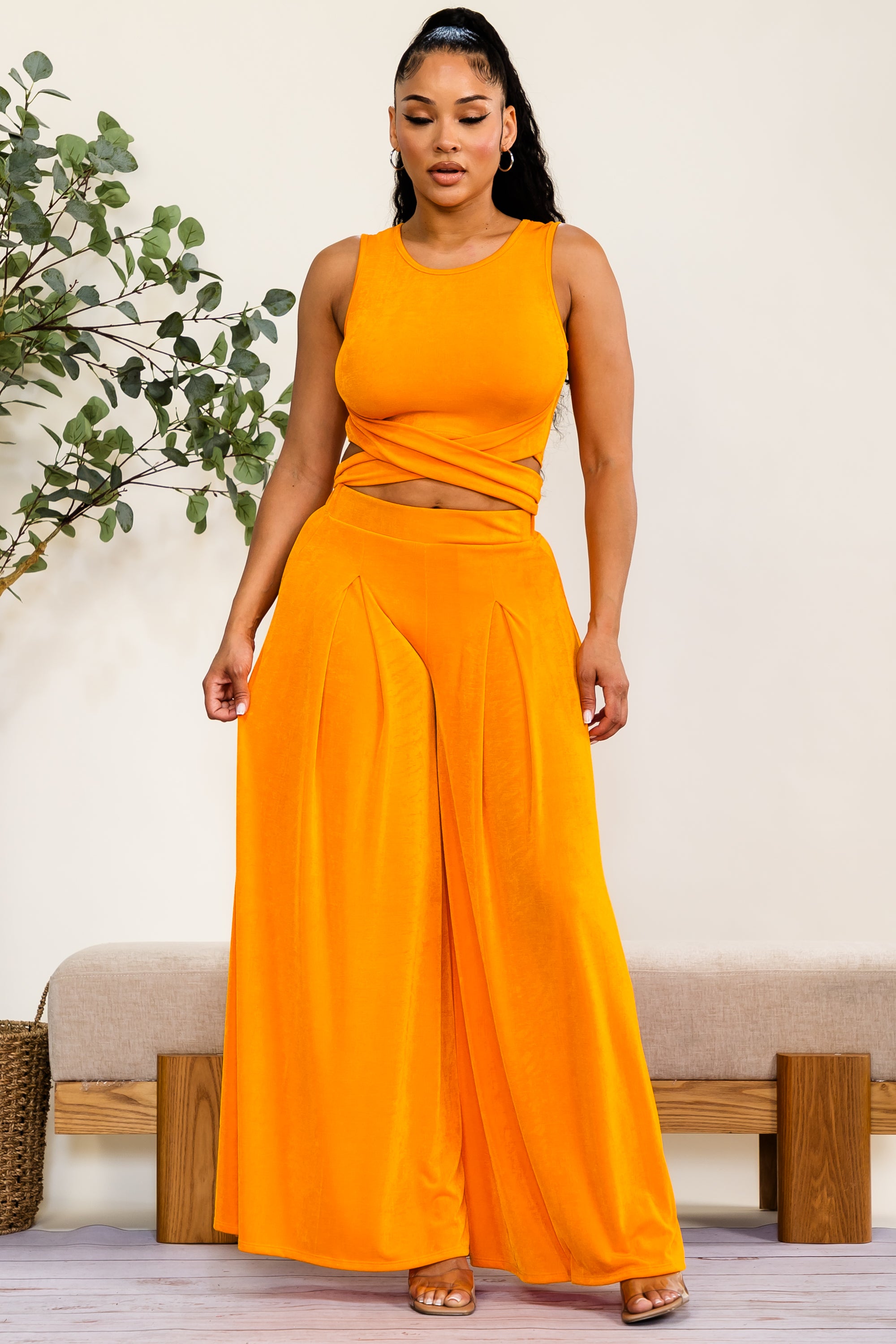 HH688X-S - Plus Size Wrap Tie Crop Top & Wide Leg Pants Set