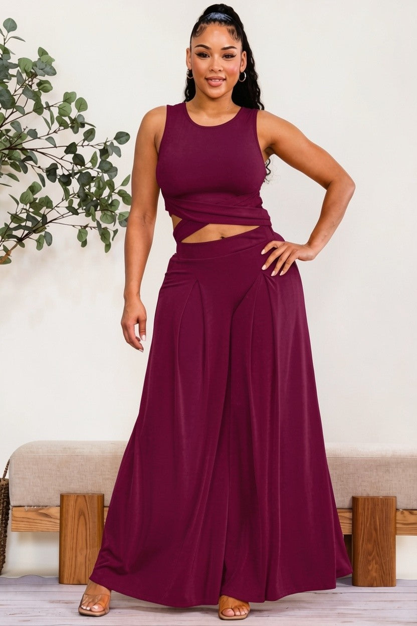 HH688X-S - Plus Size Wrap Tie Crop Top & Wide Leg Pants Set