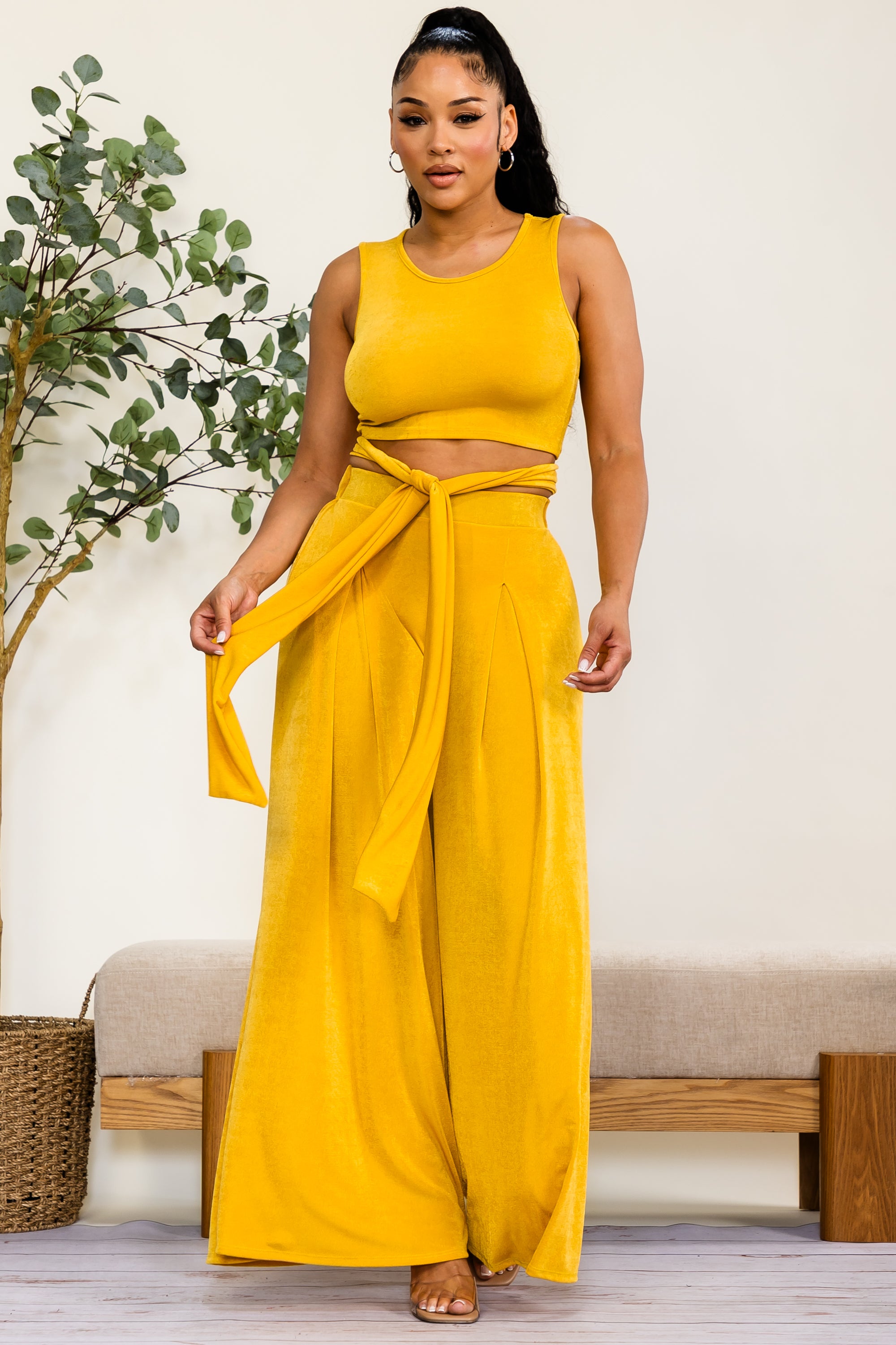 HH688R-S - Wrap Tie Crop Top & Wide Leg Pants Set