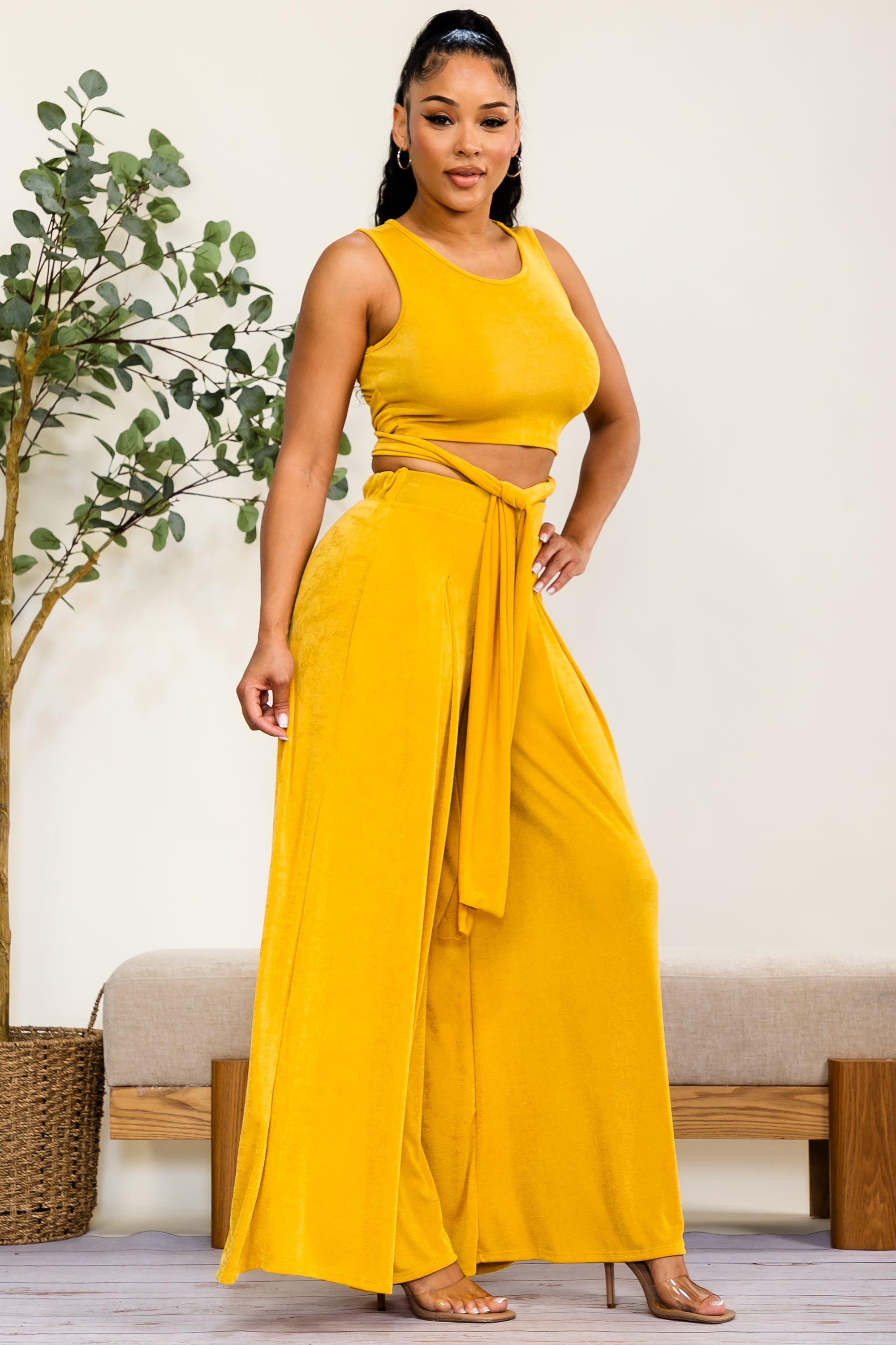 HH688X-S - Plus Size Wrap Tie Crop Top & Wide Leg Pants Set