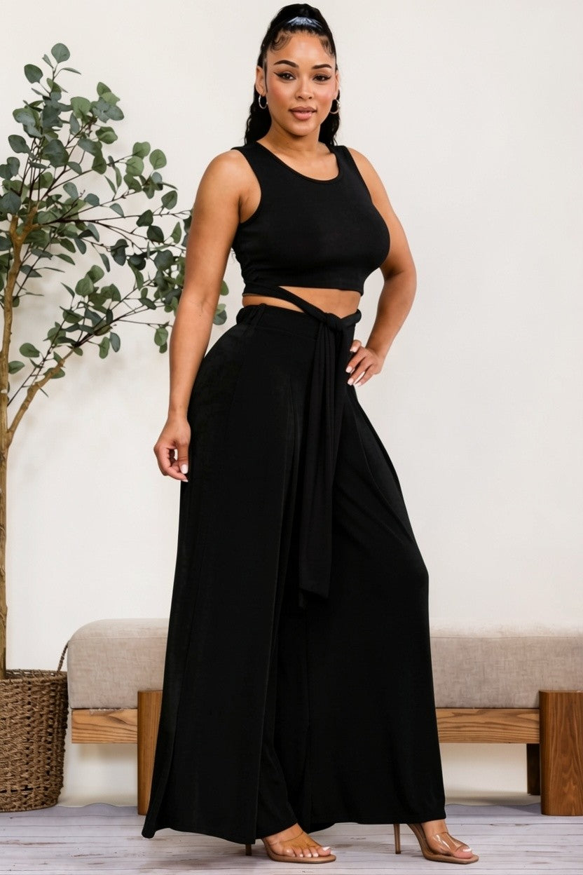 HH688R-S - Wrap Tie Crop Top & Wide Leg Pants Set