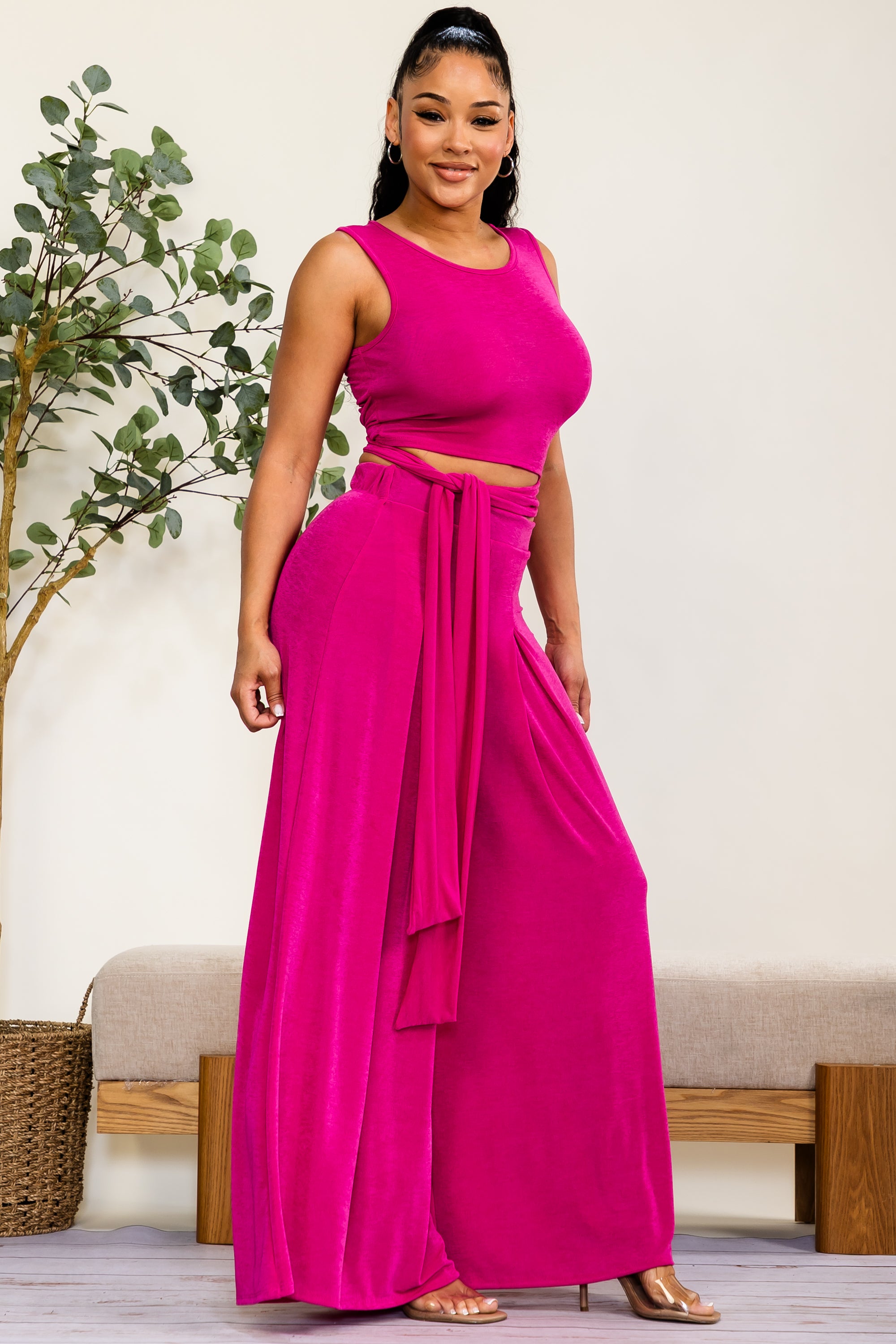 HH688R-S - Wrap Tie Crop Top & Wide Leg Pants Set