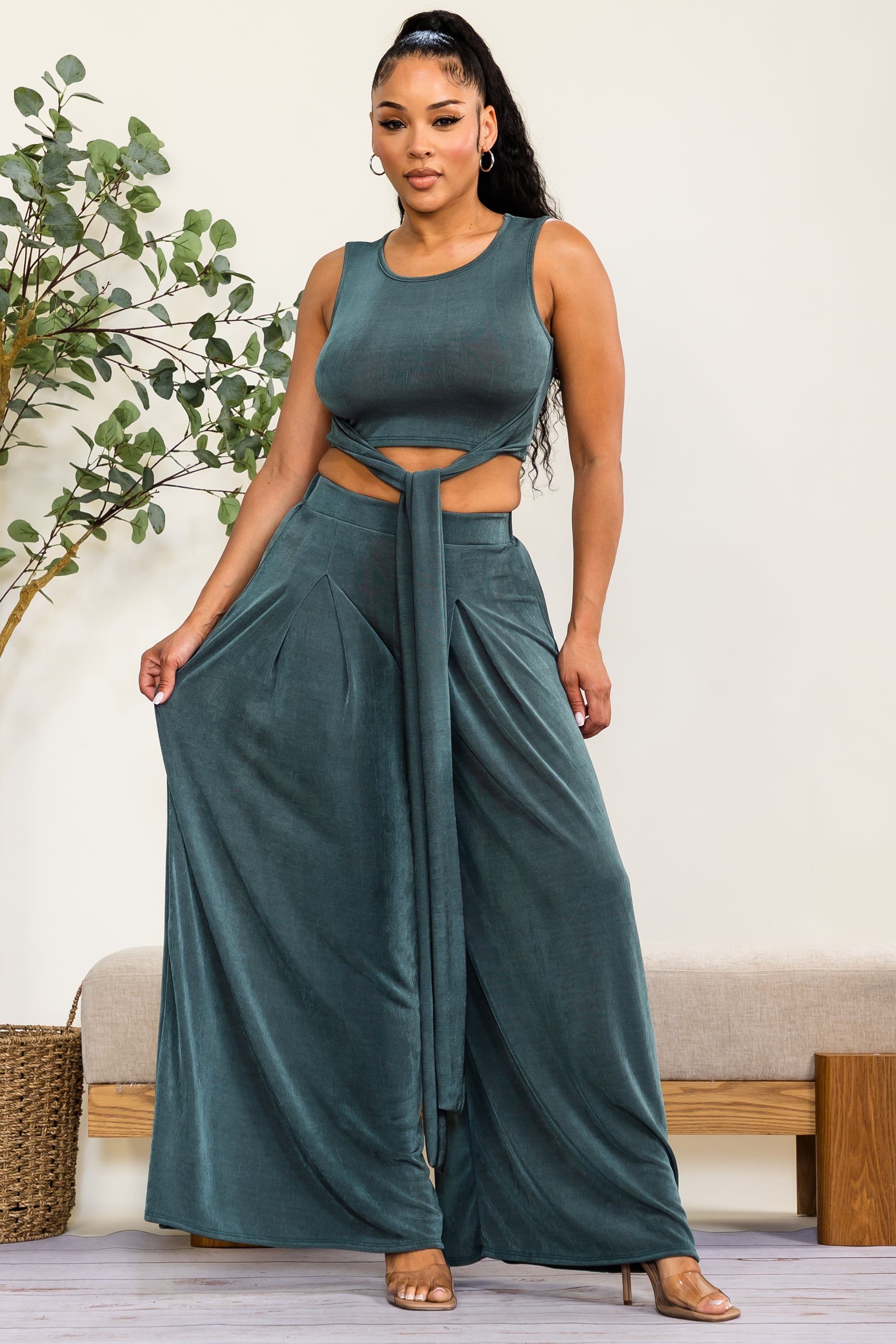HH688R-S - Wrap Tie Crop Top & Wide Leg Pants Set