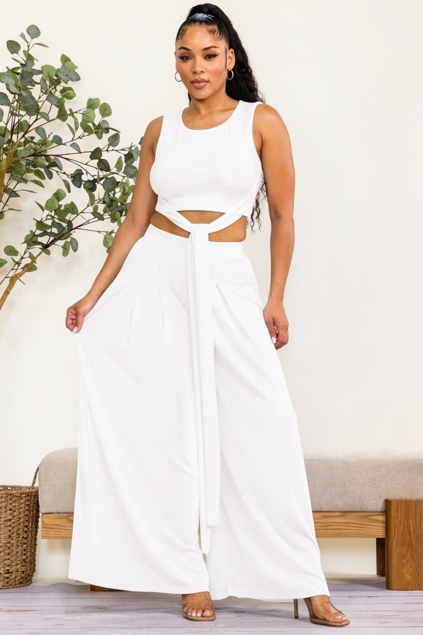 HH688X-S - Plus Size Wrap Tie Crop Top & Wide Leg Pants Set